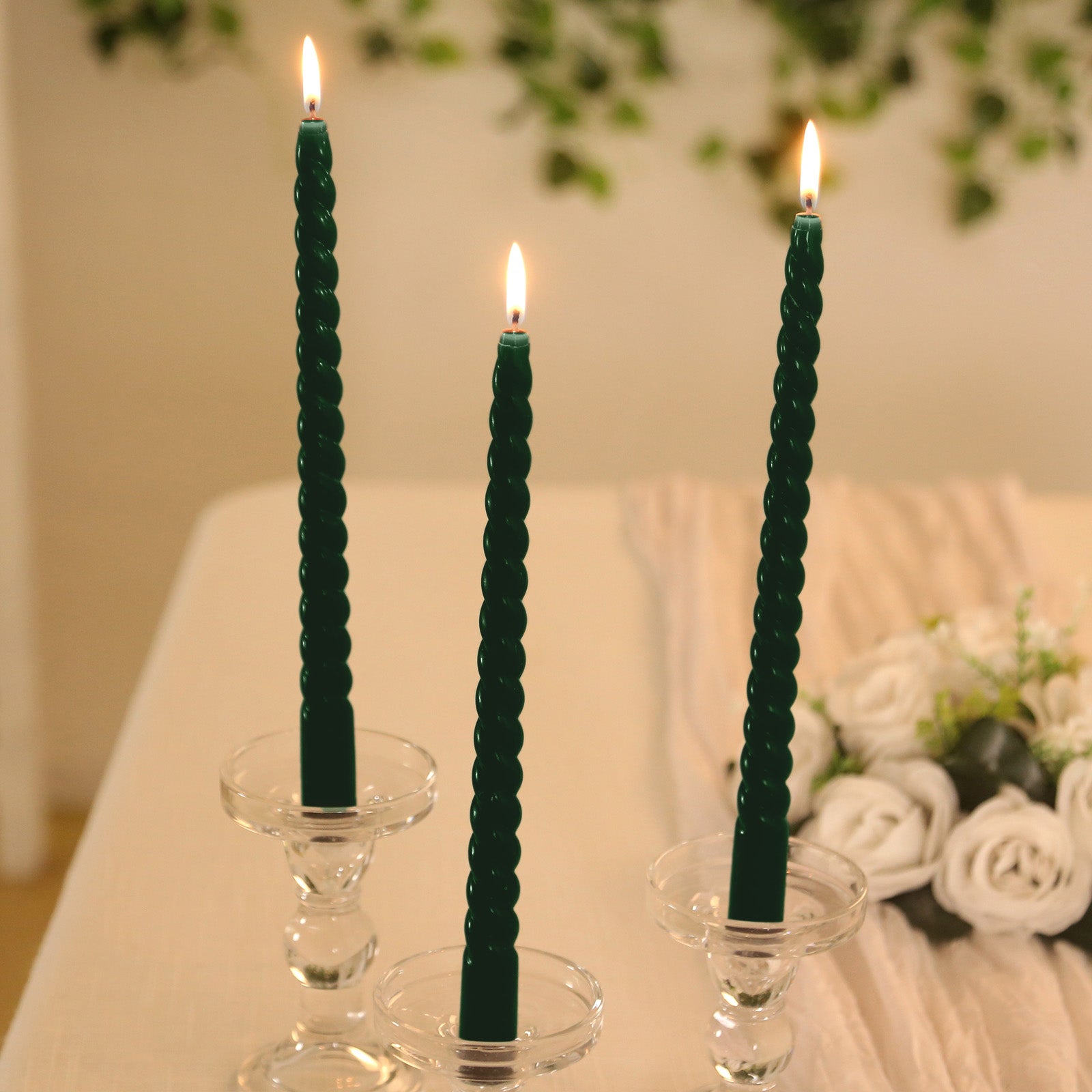 12 Pack 11" Hunter Emerald Green Premium Unscented Spiral Wax Taper Candles, Long Burn Wick Dinner Candle Sticks