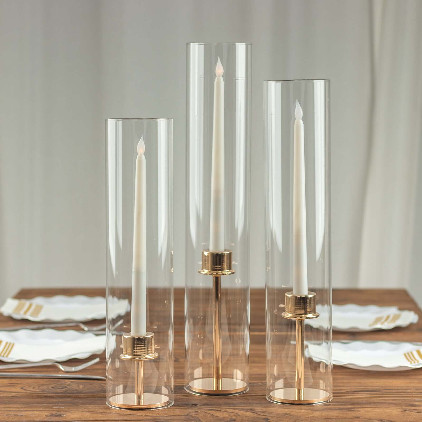 Set of 3 Clear Glass Hurricane Candle Sleeves 3.5" Wide - Chic Pillar Candle Shades Holder Table Centerpiece 15", 17", 19"