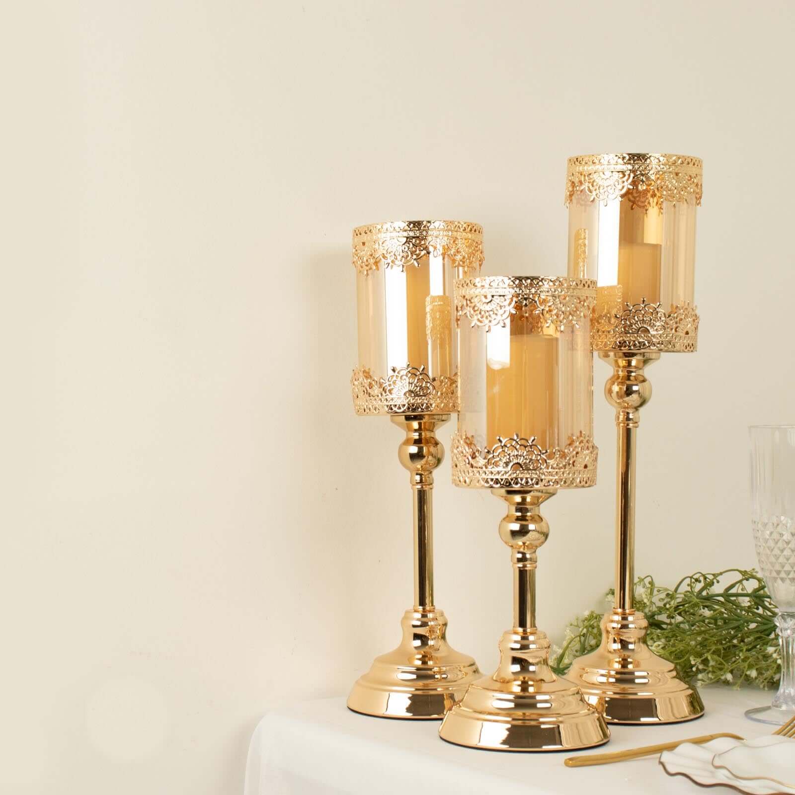 Set of 3 Lace Votive Candle Stands Antique Gold with Hurricane Glass Shades - Refined Pillar Candle Holders 13", 15", 17"