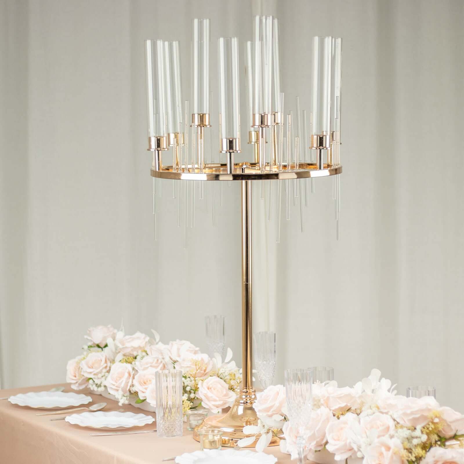 Metal 9-Arm Round Cluster Taper Candelabra Table Centerpiece Gold - Candlestick Holder Table Centerpiece With Drip Accents and Clear Glass Shades 40"