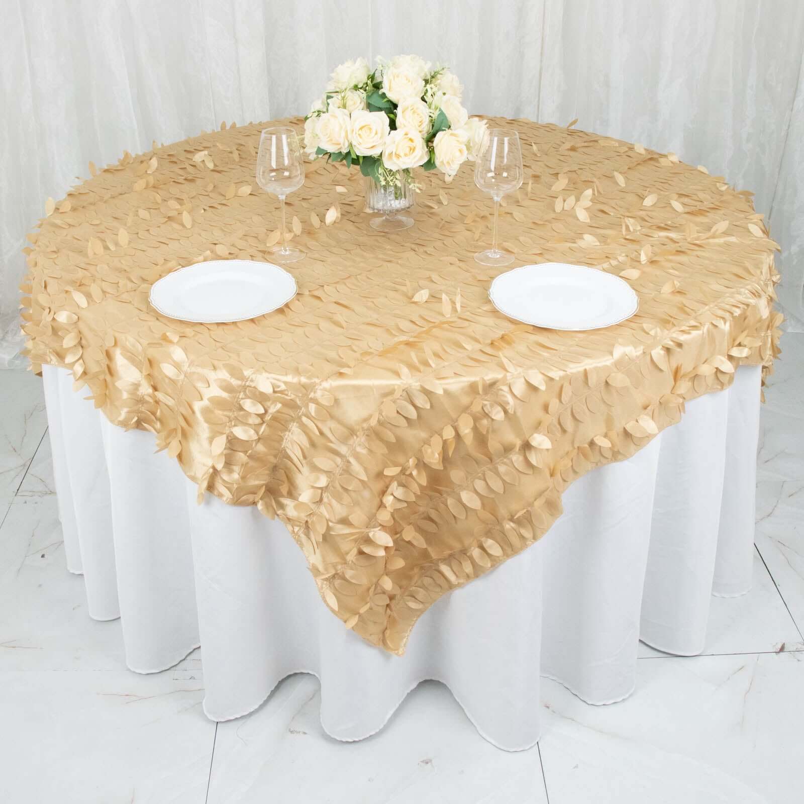 Taffeta 72"x72" Table Overlay Square Tablecloth Champagne - 3D Leaf Petal Table Cover