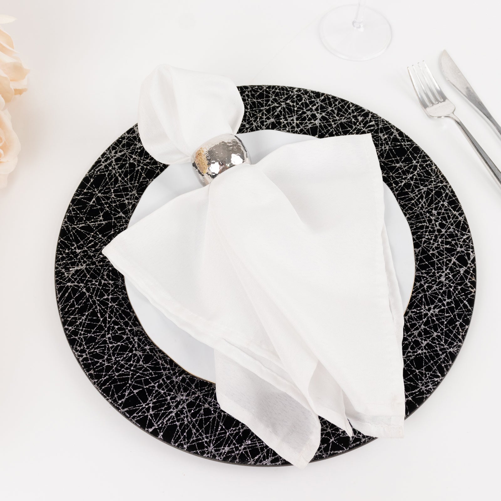 6-Pack Acrylic Round Charger Plates 13" in Black with Silver Glitter Abstract Lines Pattern, Decorative Dinner Party Charger Tableware