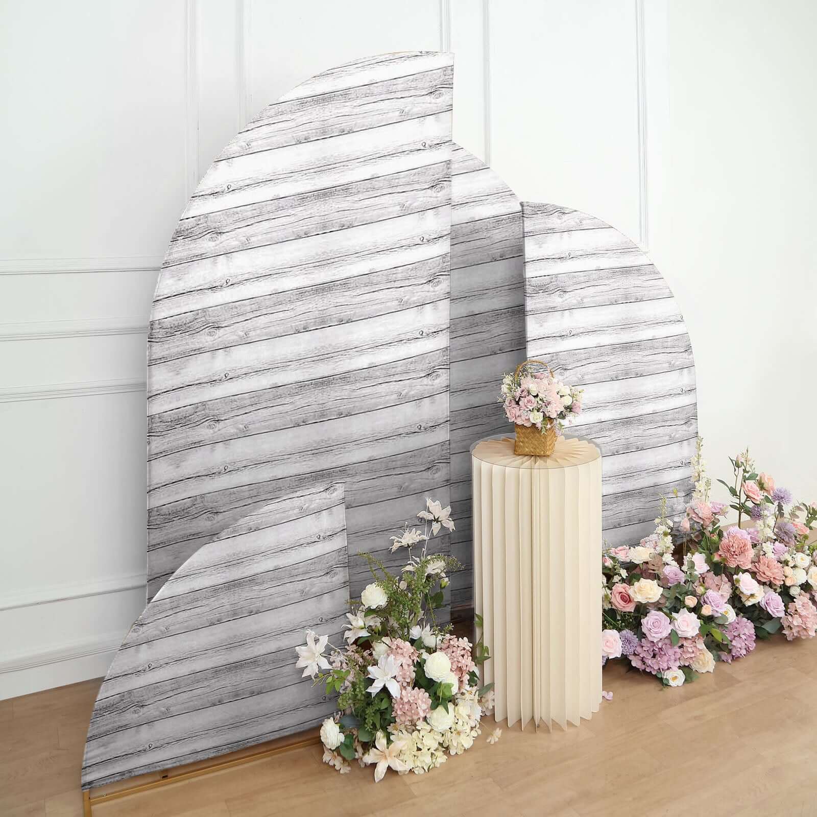 Set of 4 Whitewash Rustic Wood Print Spandex Chiara Wedding Arch Covers, Fitted Covers For Half Moon Backdrop Stands - 2.5ft, 5ft, 6ft, 7ft