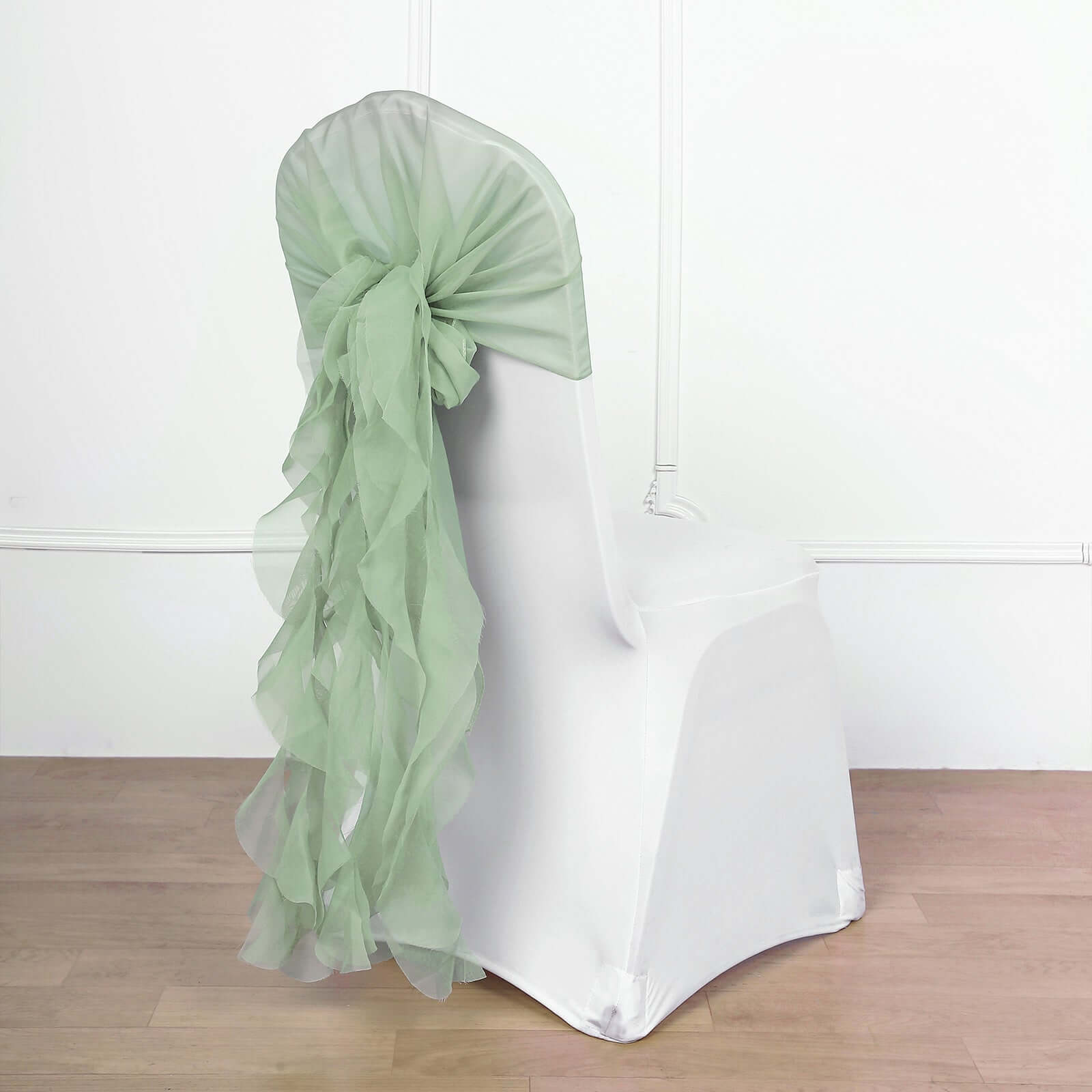 1 Set Chiffon Hoods Chair Sashes with Willow Ruffles Design Sage Green - Stylish Chair Bow Decor