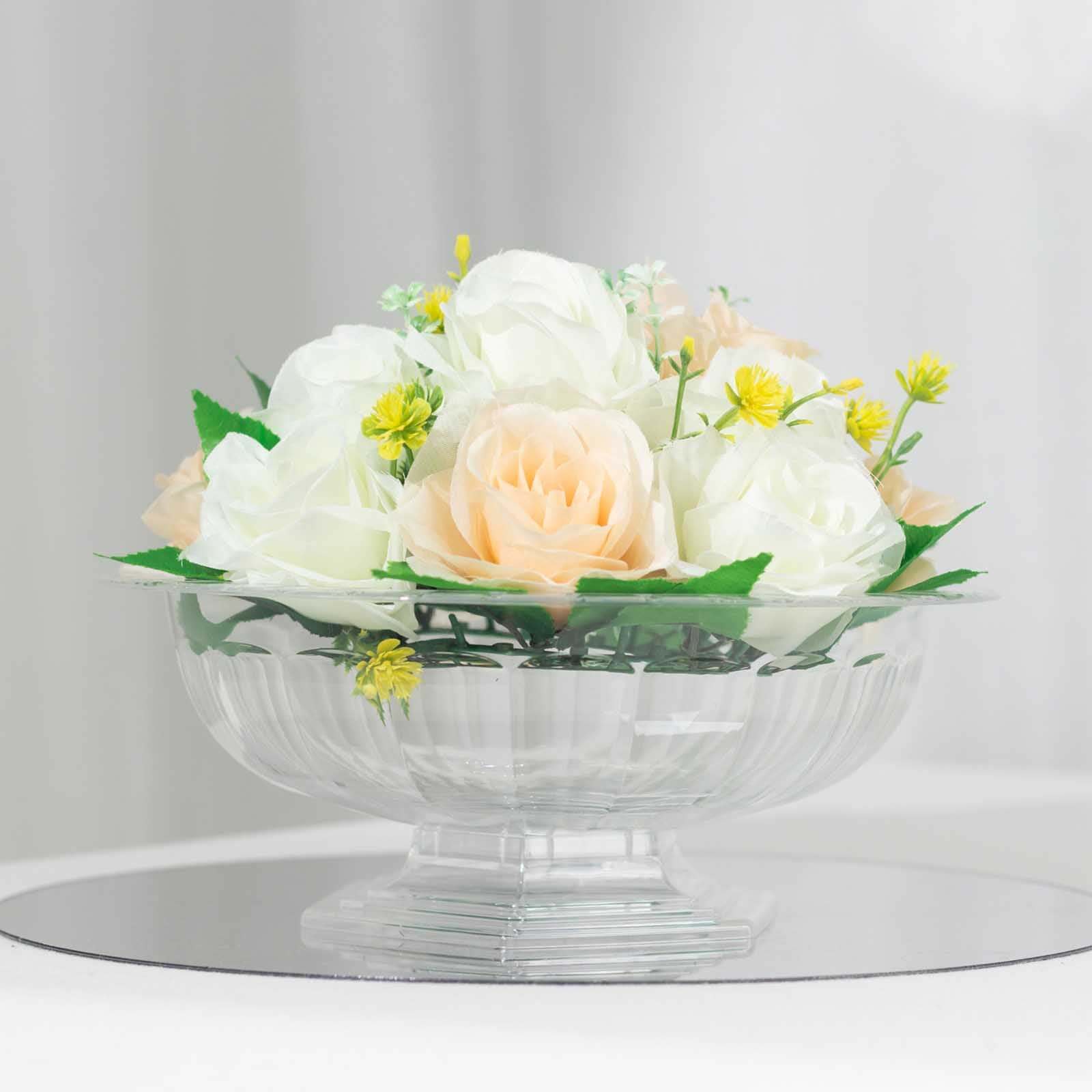 3-Pack Plastic Footed Compote Bowl Flower Vases Roman Style Clear - Round Decorative Pedestal Table Centerpieces 10"