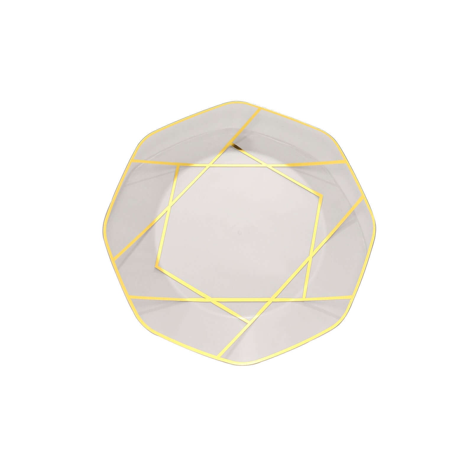 10-Pack Plastic 8" Octagon Dessert Plates in Clear - Modern Disposable Salad/Appetizer Plates with Gold Geometric Design for Special Occasions & Celebrations