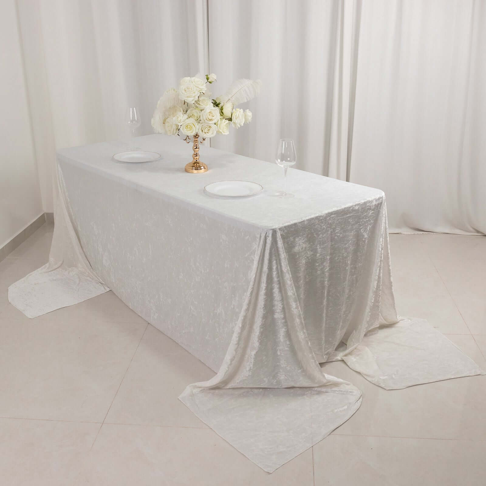 Premium Crushed Velvet 90"x156" Rectangle Tablecloth White - Reusable Soft & Sophisticated Seamless Table Cover