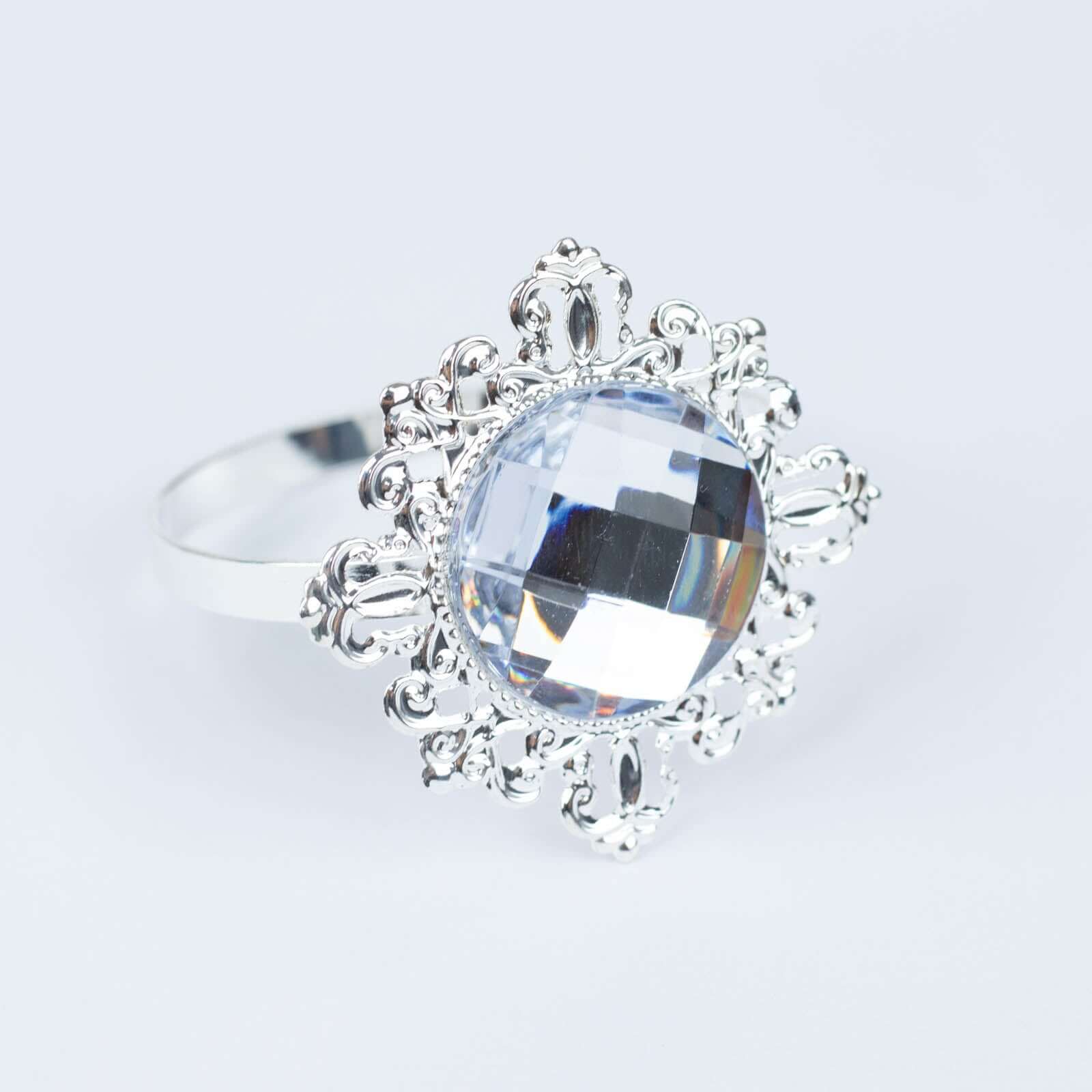 6 Pack 2" Silver Metal Clear Crystal Rhinestone Napkin Rings, Diamond Bling Napkin Holders