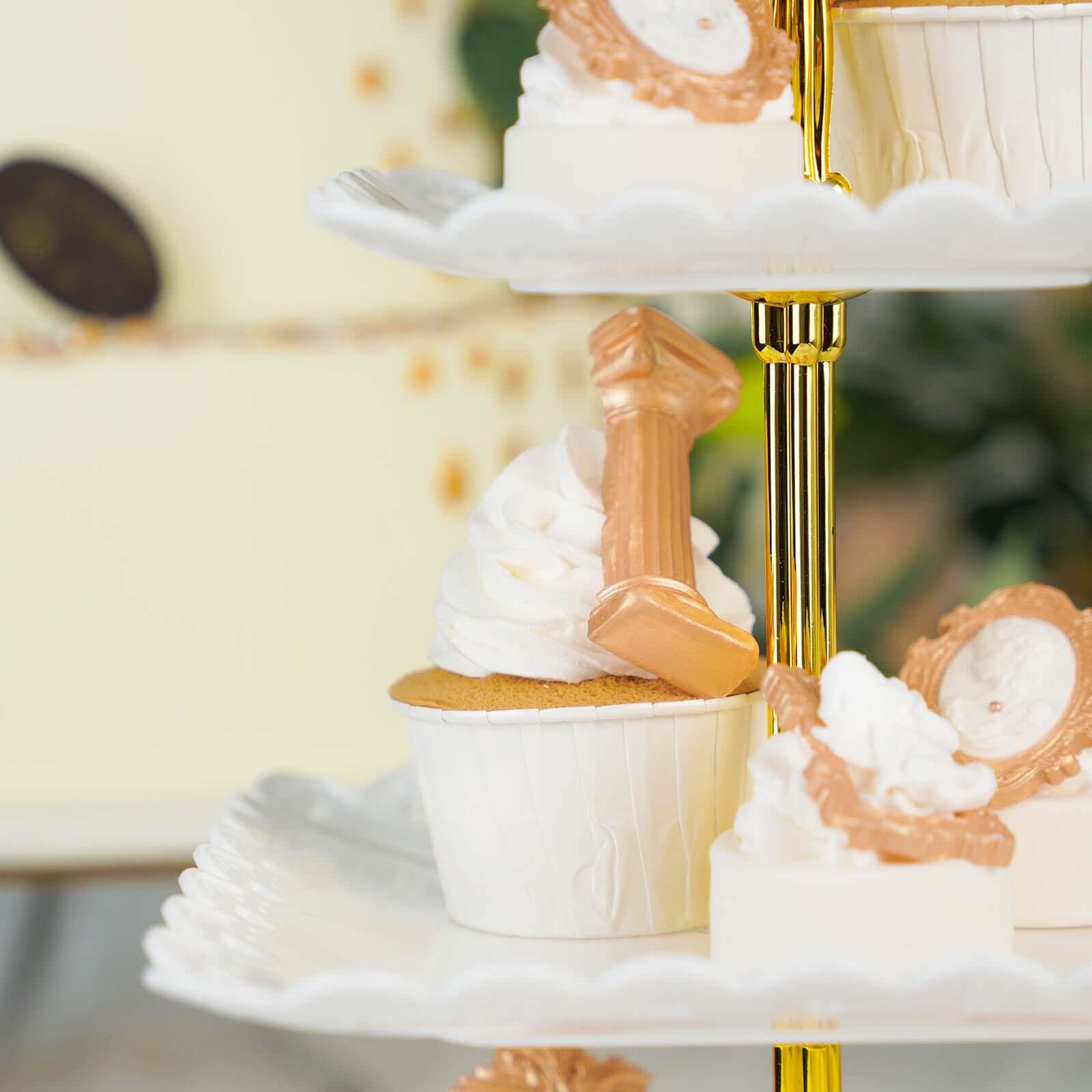 3-Tier Plastic Square Cupcake Stand Tower White - Charming Disposable Dessert Display Serving Tray Platter with Heart Wavy Edge & Gold Top Handle for Tea Parties Weddings & Special Occasions 13"