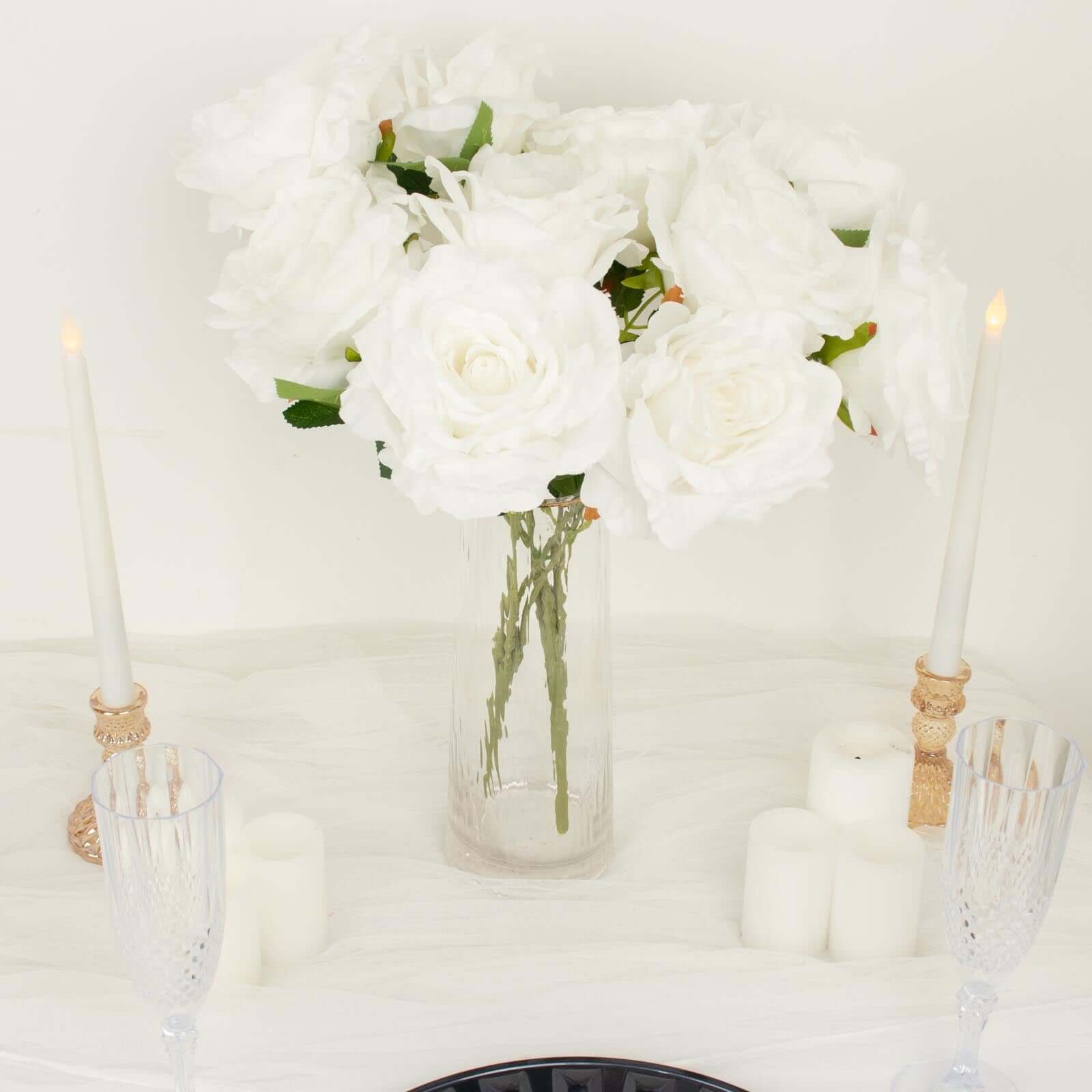 2 Bushes 17" White Premium Silk Jumbo Rose Flower Bouquet, High Quality Artificial Wedding Floral Arrangements