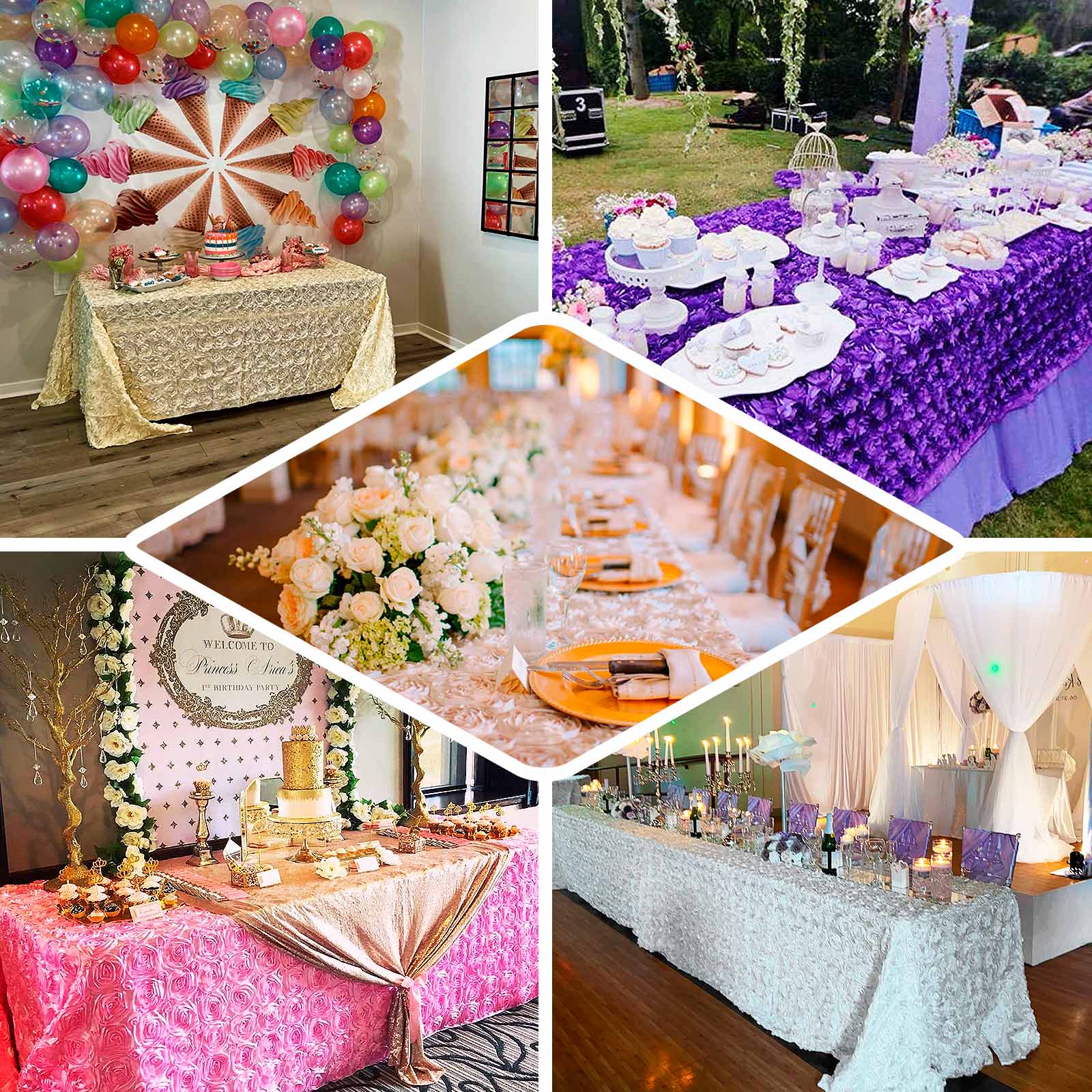 Satin 90"x132" Rectangle Tablecloth Purple - Grandiose 3D Rosette Seamless Table Cover