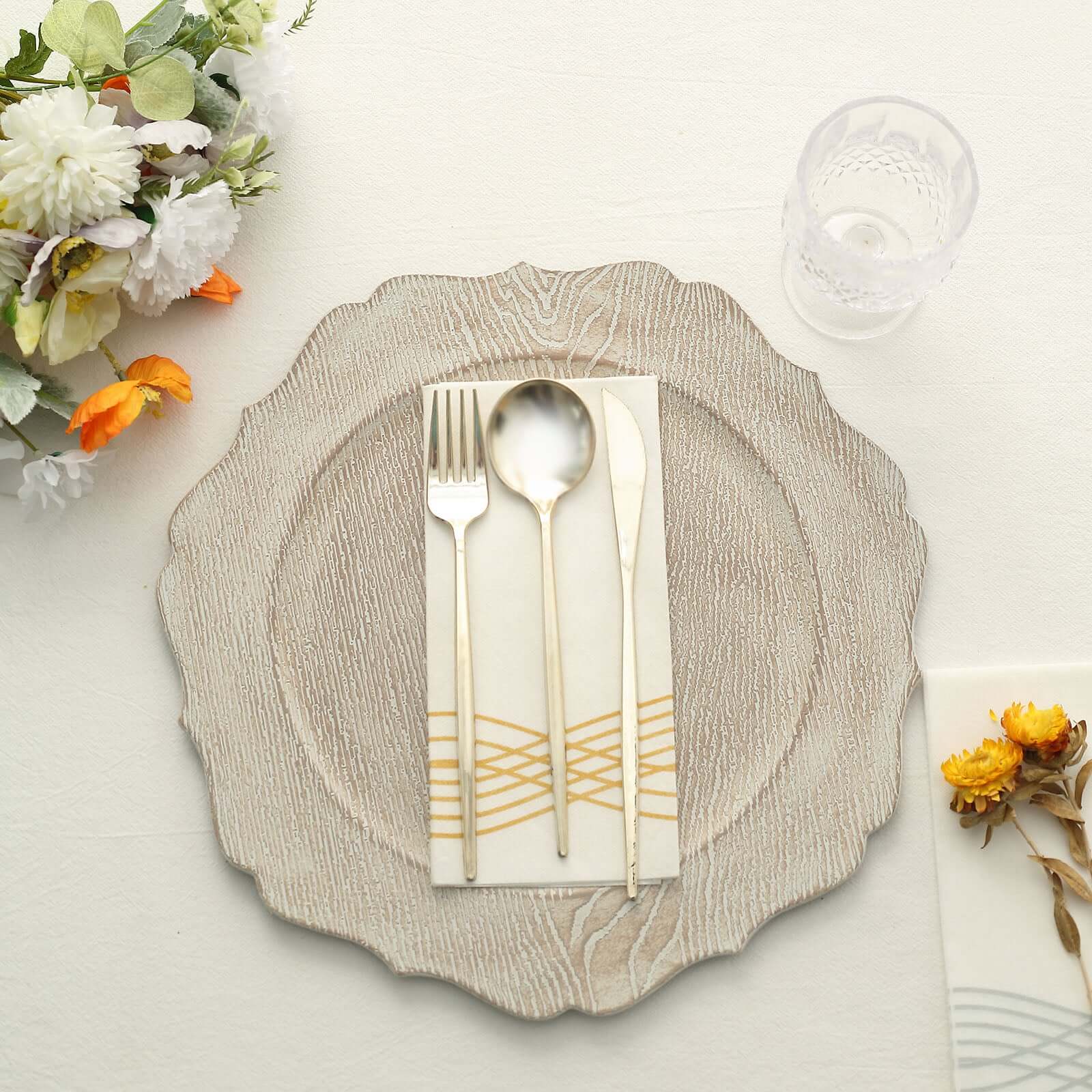 6-Pack Acrylic Round Charger Plates 13" in Rustic White with Wood Grain Scalloped Rim, Decorative Dinner Party Charger Tableware