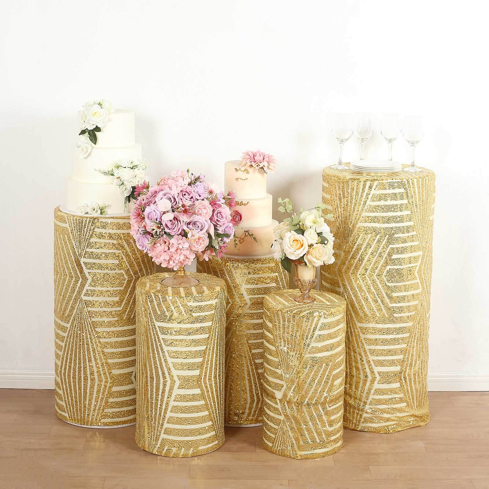 Set of 5 Gold Sequin Mesh Cylinder Pedestal Stand Covers with Geometric Pattern Embroidery, Sparkly Sheer Tulle Pillar Prop Covers