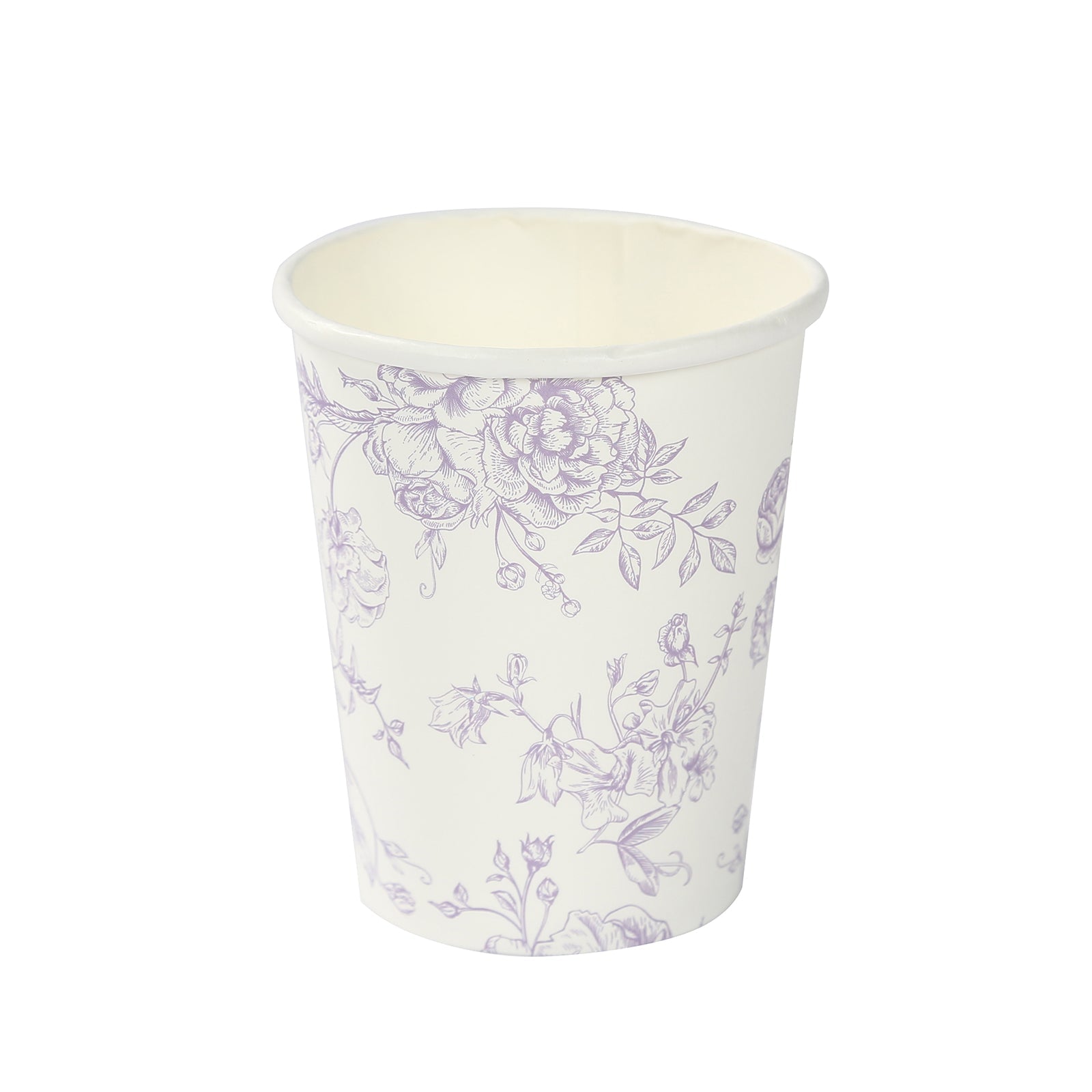 24-Pack Paper Cups in White with Lavender Lilac French Toile Print - Stylish Disposable Floral Party Cups for Weddings & All Purpose Use 9oz