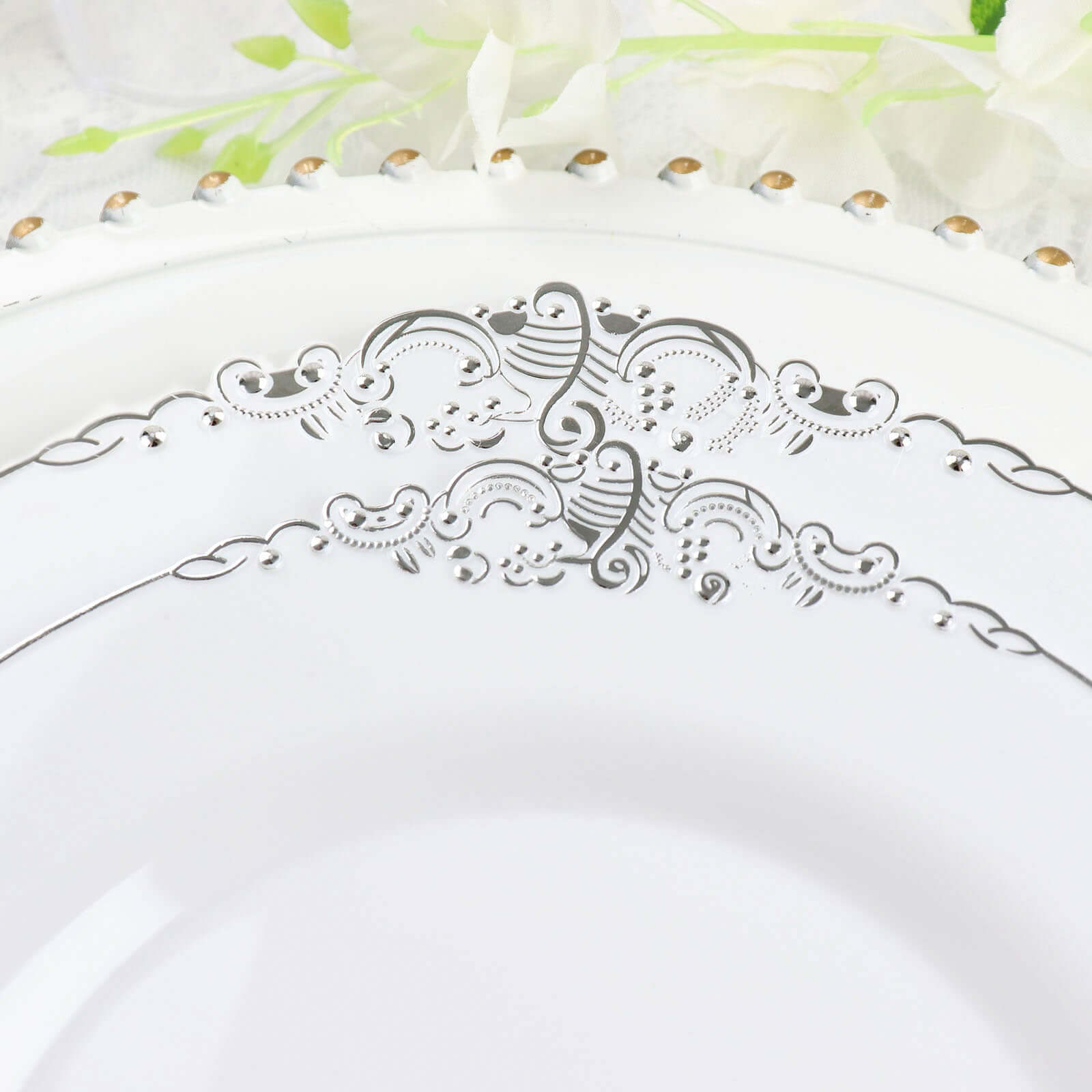 10-Pack Plastic 10" Round Dinner Plates in White with Silver Leaf Embossed Rim - Disposable Vintage Baroque Style Plates