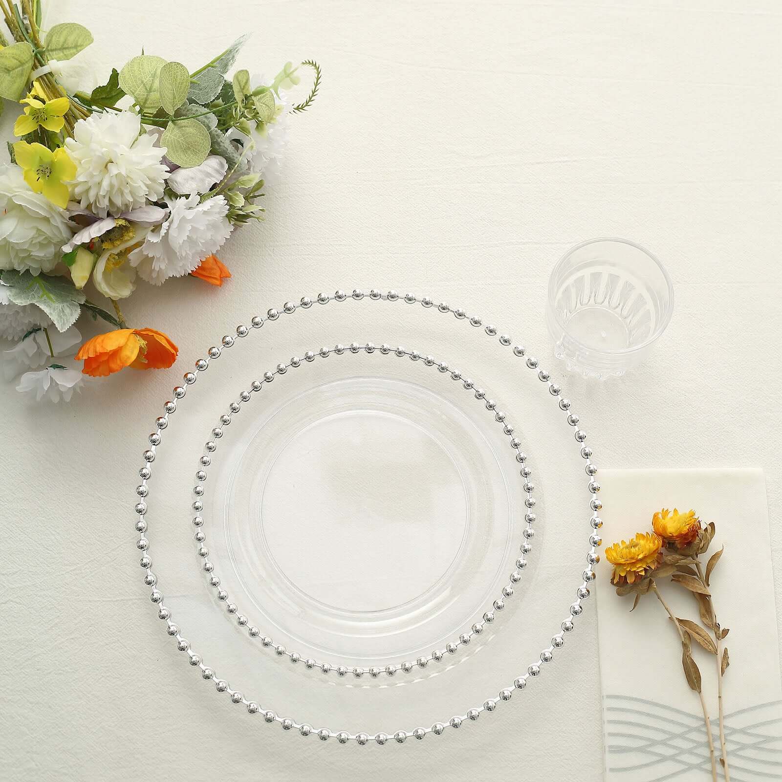 10-Pack Clear Plastic Dessert Plates – 8" Round with Silver Beaded Rim, Disposable for Parties & Events