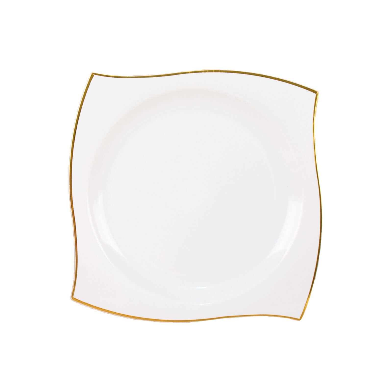 10-Pack Plastic 10" Square Dinner Plates in White with Gold Wavy Rim Modern - Disposable Party Plates for Luxe Events & Banquets