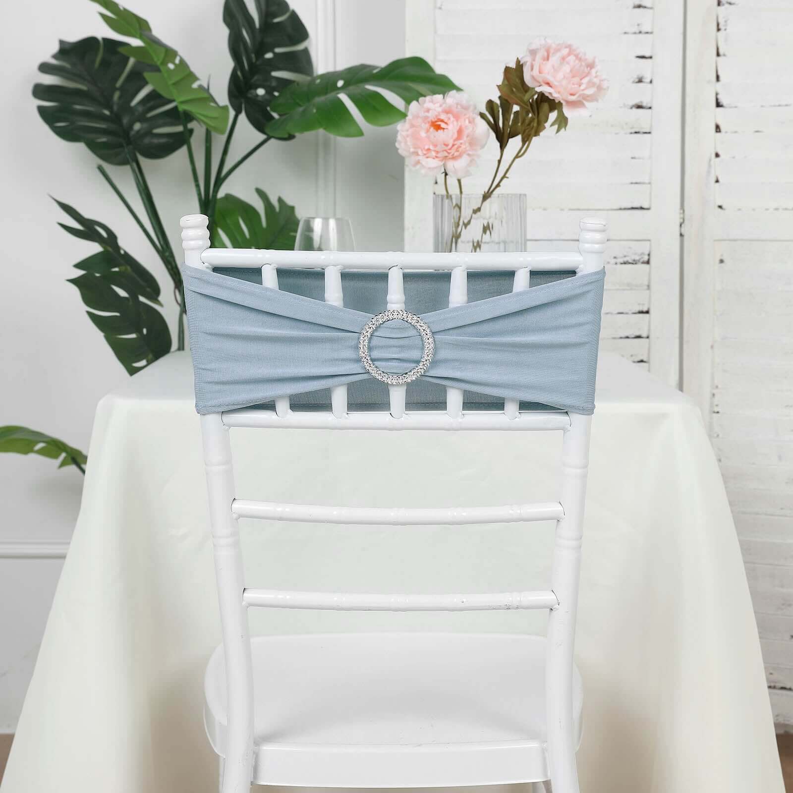 5 Pack Stretch Spandex Chair Sashes Dusty Blue - Reusable Chair Bands with Silver Diamond Ring Slide Buckle 5"x14"