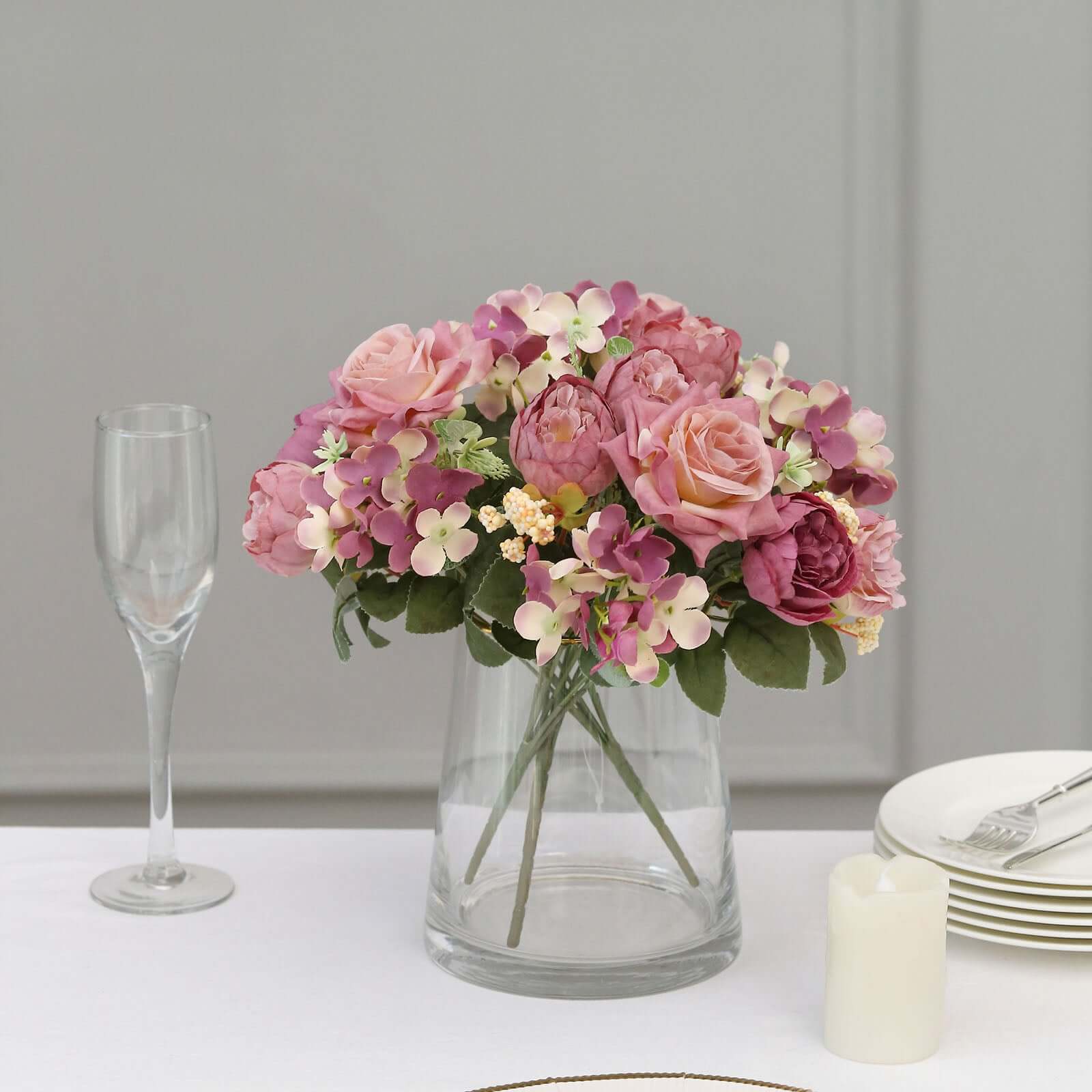 2 Pack Artificial Rose & Peony Floral Arrangements – 12" Dusty Rose Silk Bouquets for Weddings & Home Décor