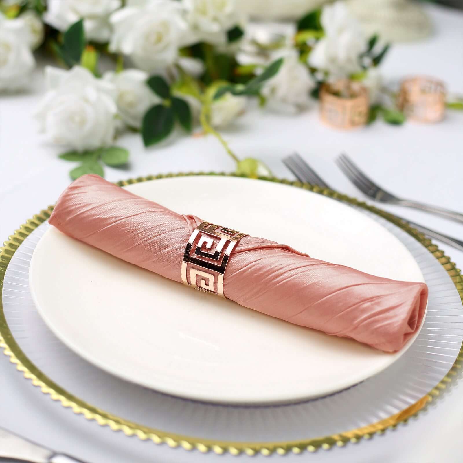5 Pack Taffeta 20"x20" Napkins Dusty Rose - Accordion Crinkle Dinner Napkins