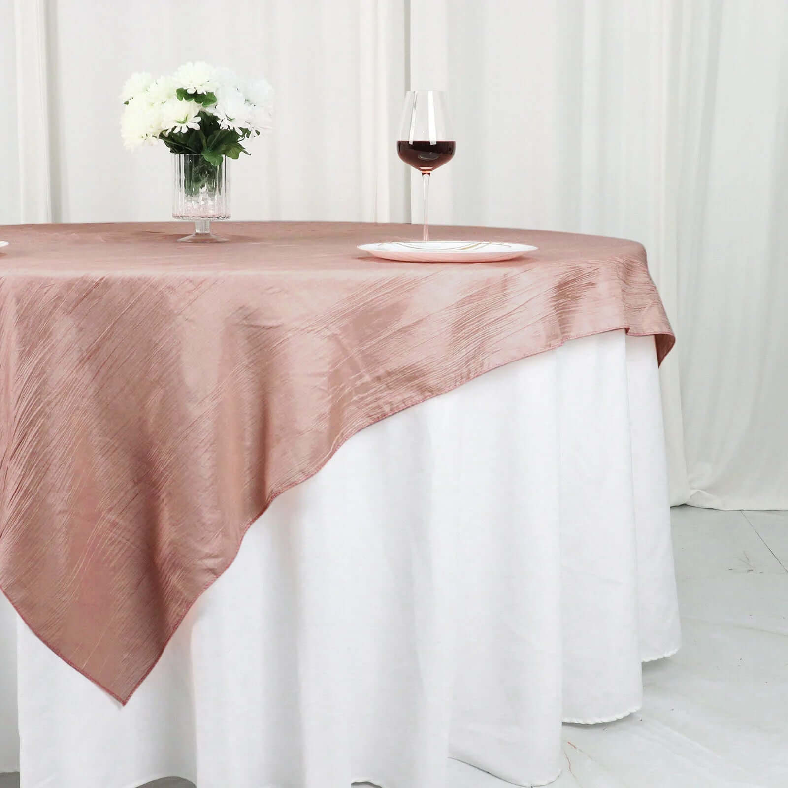 Taffeta 72"x72" Table Overlay Square Tablecloth Dusty Rose - Accordion Crinkle Table Cover