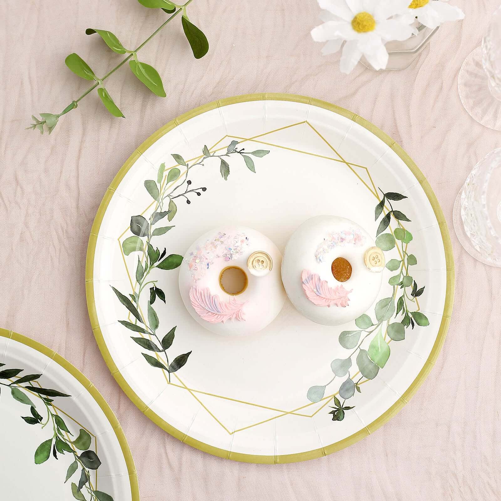 24-Pack Paper 9" Round Dinner Plates in White with Eucalyptus Leaves & Gold Rim - Disposable 300GSM Party Plates for Modern & Nature-Inspired Events