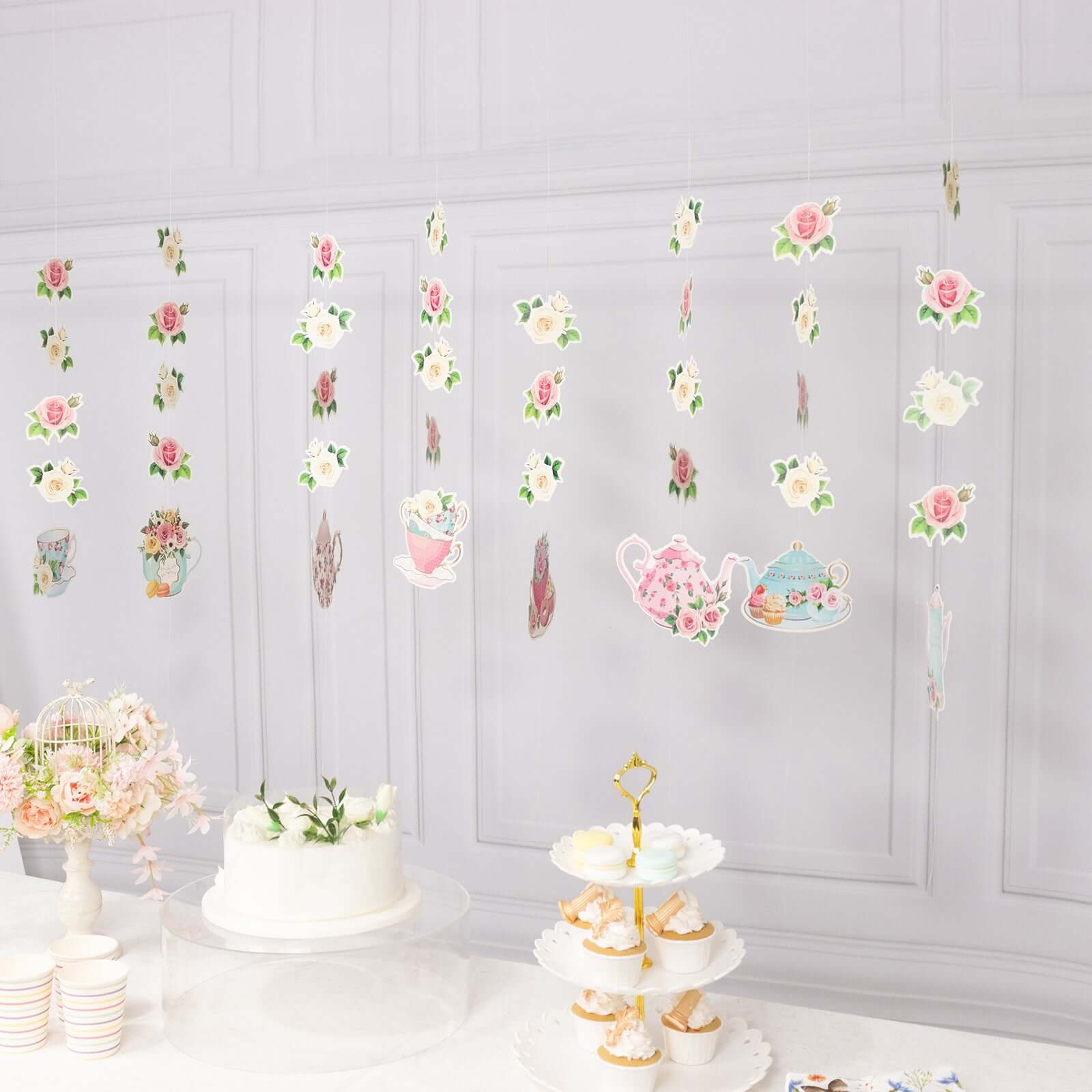 8 Pack Double Sided Floral Tea Party Paper Garland, 40" Pre-Assembled Mixed Teapot Banner Hanging Decorations