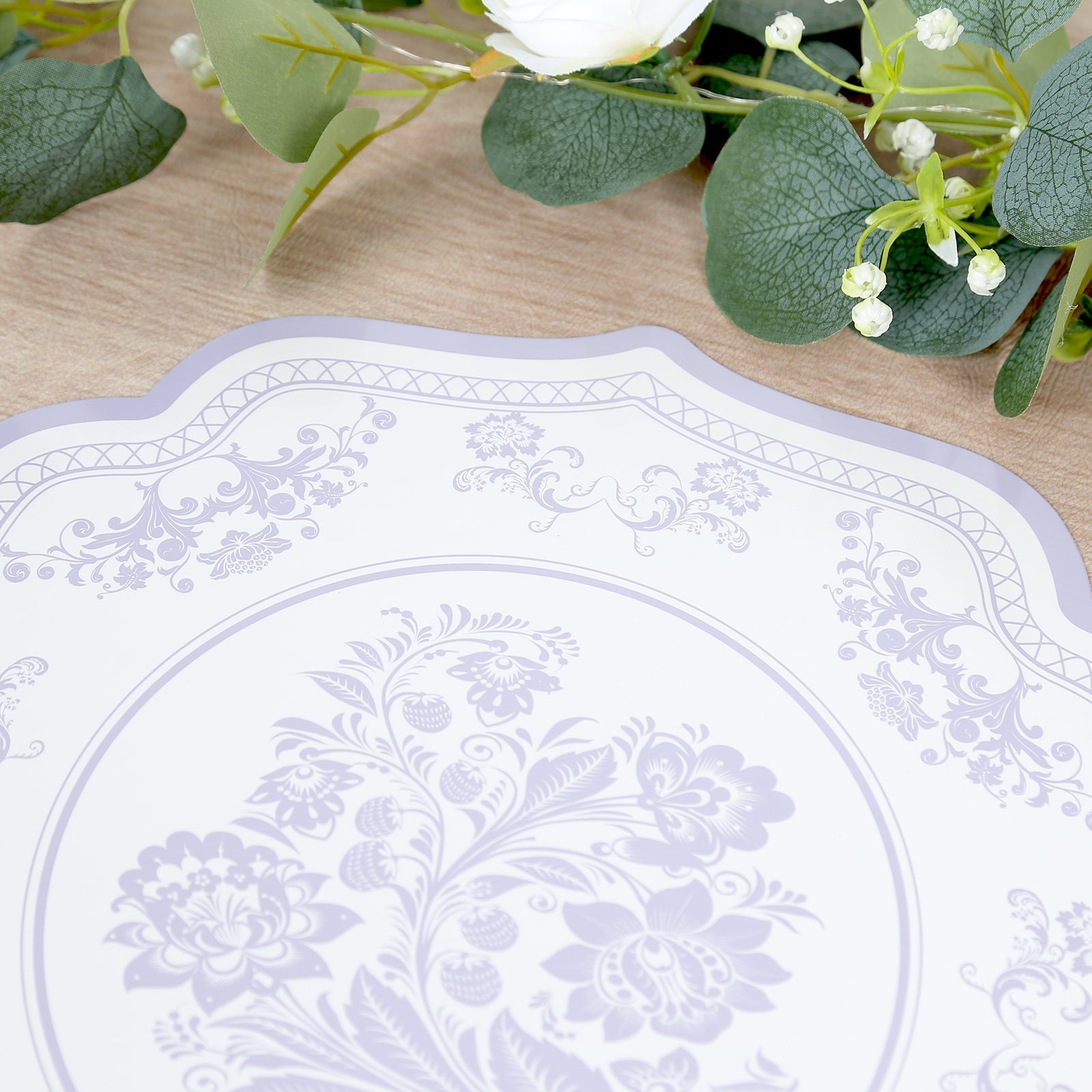 10-Pack Disposable Table Placemats 13" Round Placemats in White with Lavender Damask Floral Pattern & Scalloped Rim - 400GSM Cardboard Placemats for Stylish Table Setting