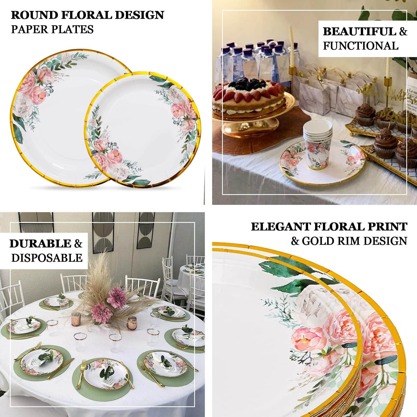 25-Pack Paper 7" Round Dessert Plates in White with Peony Floral Design & Gold Rim - Disposable Floral Salad Appetizer Plates for Brunches & Afternoon Teas