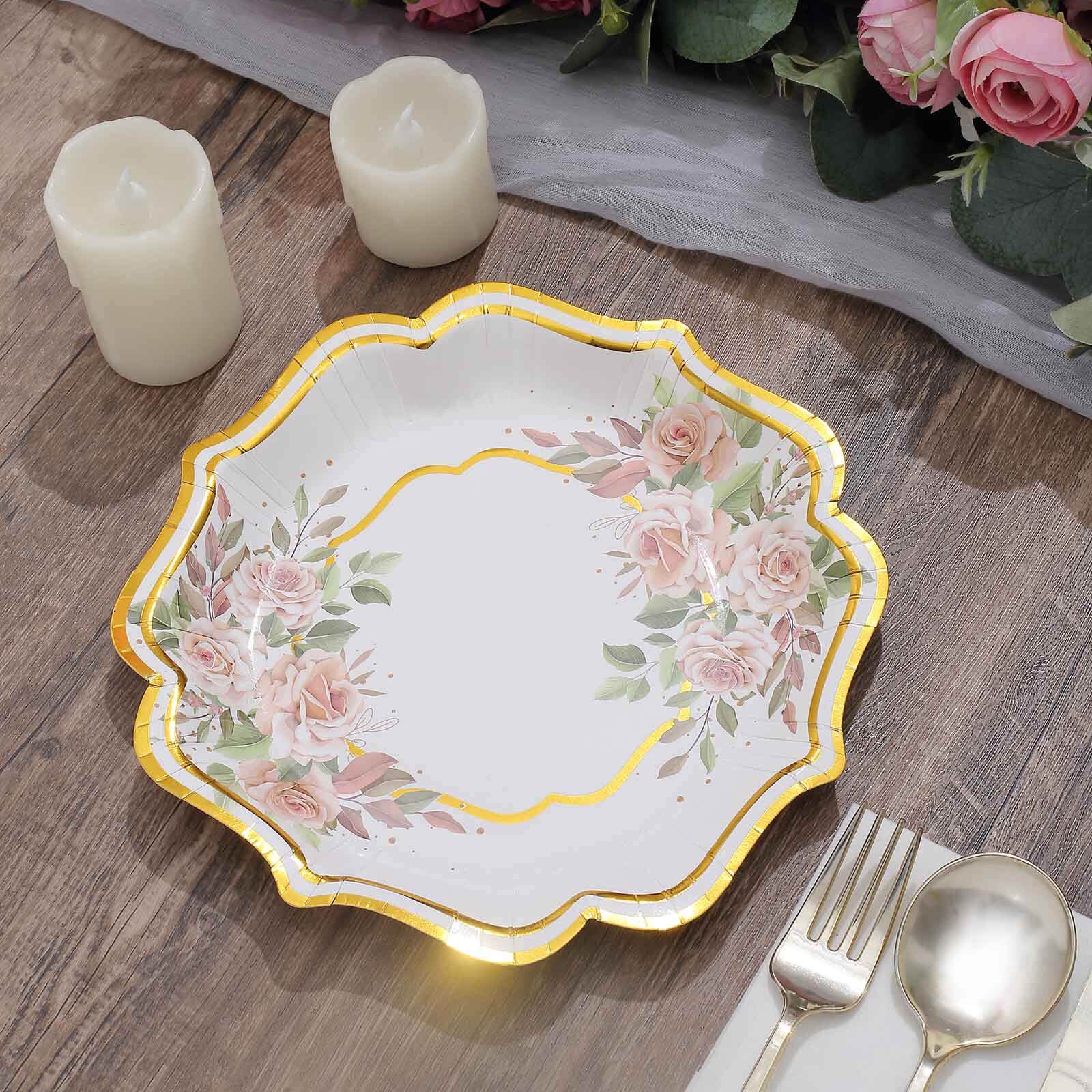 25-Pack Paper 8" Dessert Plates in White with Floral Print & Gold Scallop Rim - Disposable 300GSM Appetizer Salad Plates for Cocktail Events & Receptions