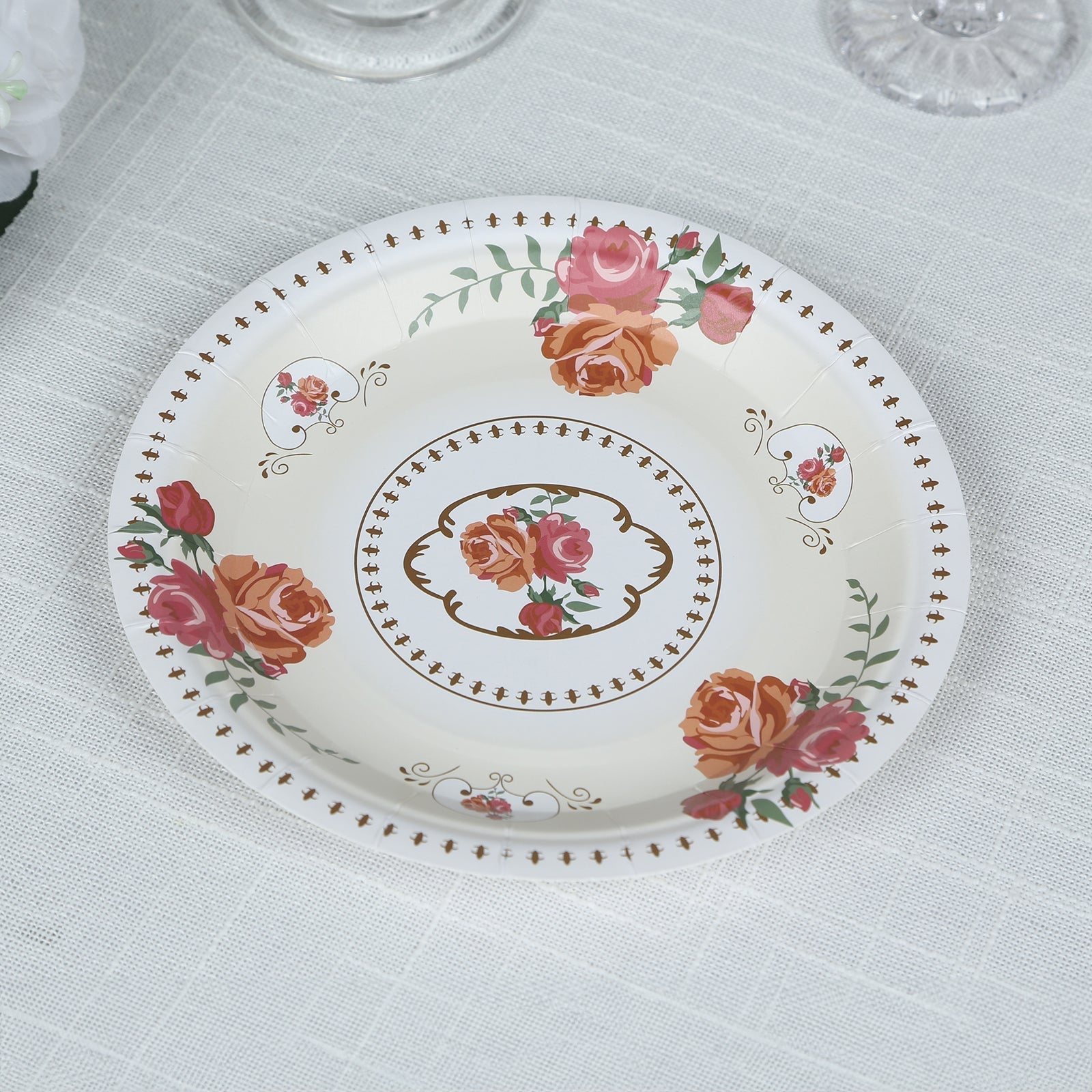 25-Pack Paper 7" Round Dessert Plates in Ivory with Vintage Rose Flower Print - Disposable Appetizer Salad Plates for Bridal Showers & Garden Luncheons