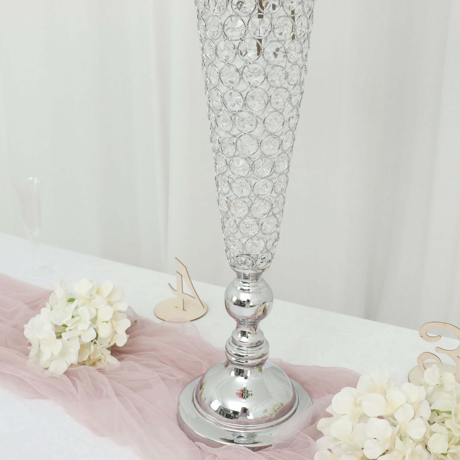 2-Pack Crystal Beaded Trumpet Vase Set Silver - Table Centerpiece for Weddings and Events 32"