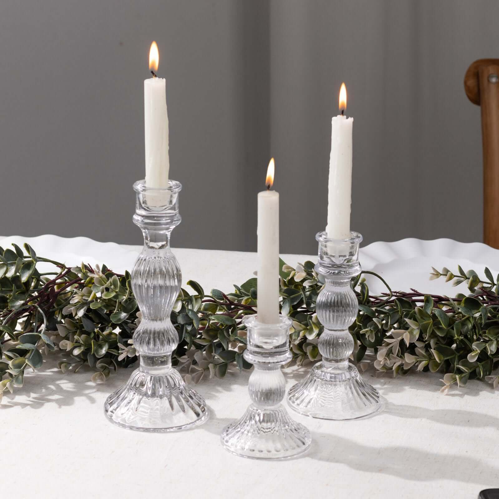 Set of 3 Glass Taper Candle Holders Fluted Design Clear - Ribbed Crystal Candlestick Stands 4", 6", 8"