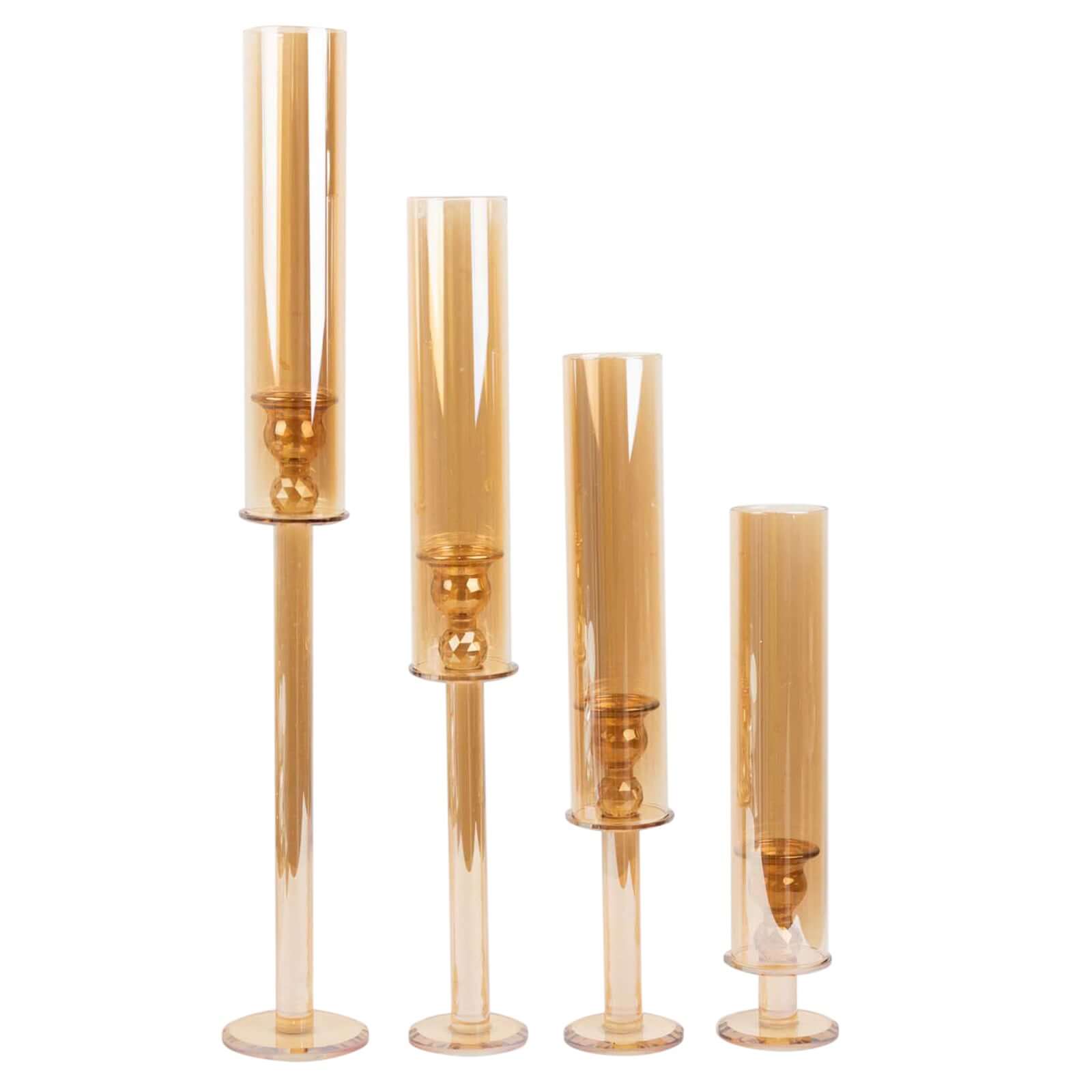 Set of 4 Crystal Glass Hurricane Taper Candle Holders, Decorative Tall Candle Stands Amber Gold Cylinder Chimney Tubes 14", 18", 22", 26"