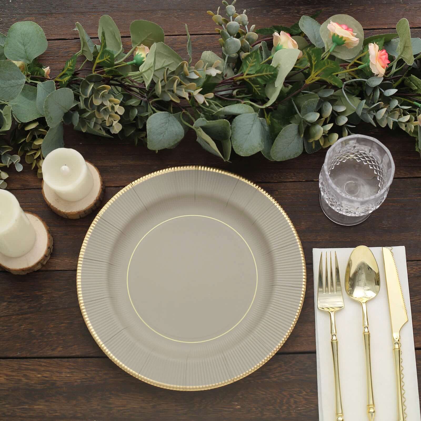 25-Pack Paper 10" Round Dinner Plates in Taupe Sunray Design with Gold Rim - Disposable Heavy Duty 350GSM Party Plates