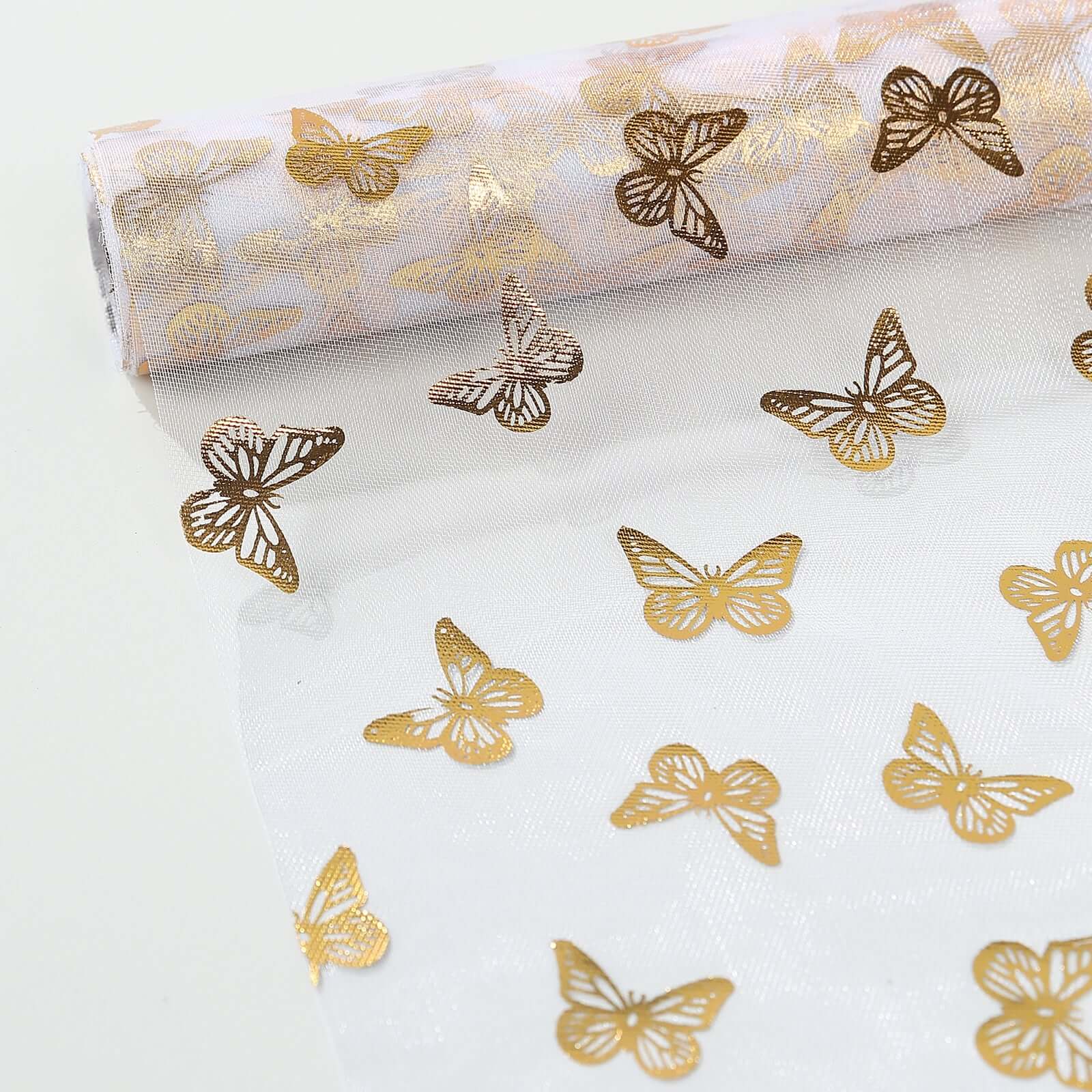 5 Pack Sheer Organza 11"x108" Table Runner Rolls White Disposable with Metallic Gold Foil Butterflies Motifs
