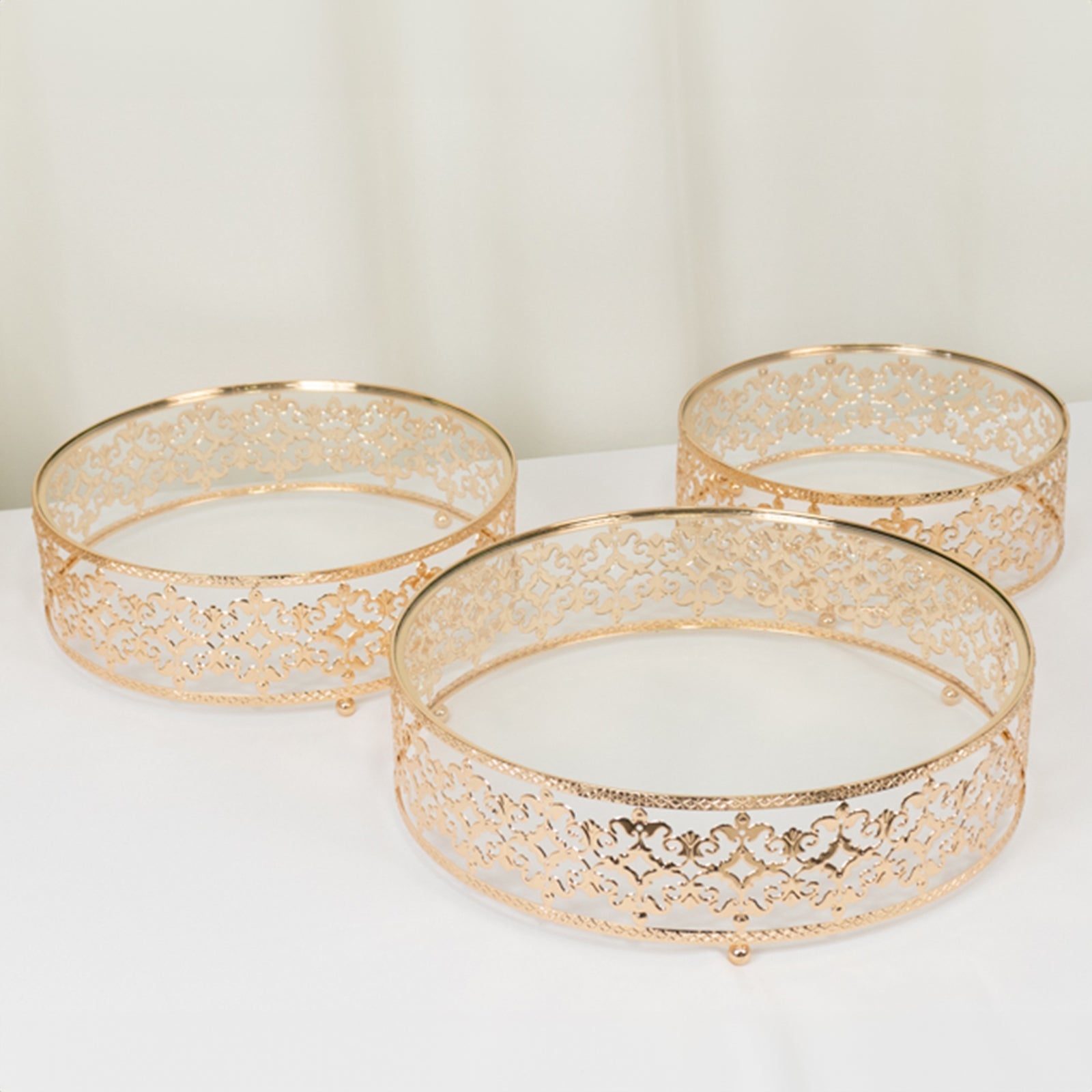 Set of 3 Cake Stands Baroque Ornate Design with Glass Top Gold - Stackable Dessert Display Trays Metal 10", 12", 14"