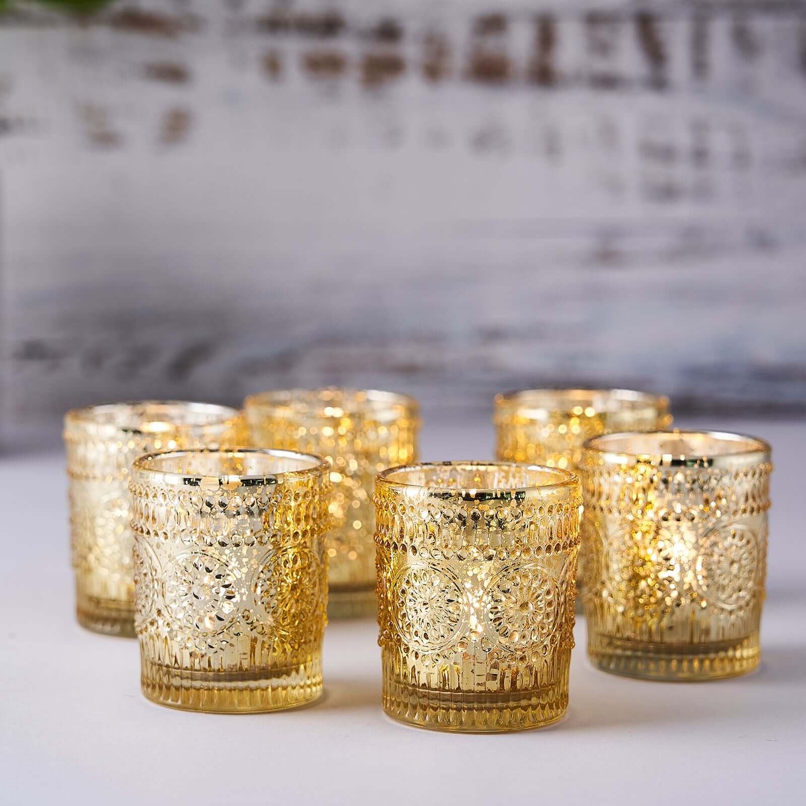 6-Pack Gold Glass Votive Tealight Holders - Stylish Primrose Design for Weddings & Décor