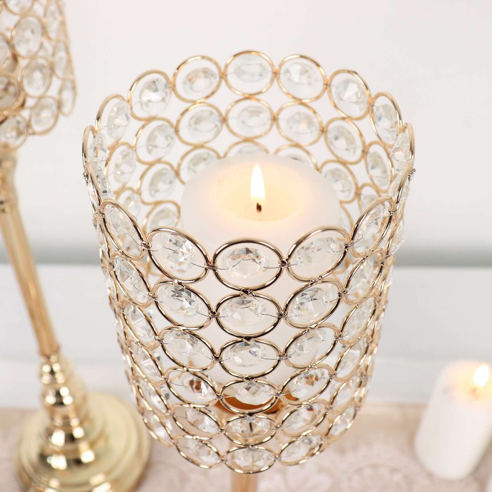 Set of 3 Crystal Beaded Goblet Votive Candle Holder Stands Gold - Tea Light Centerpiece 18", 16", 14"