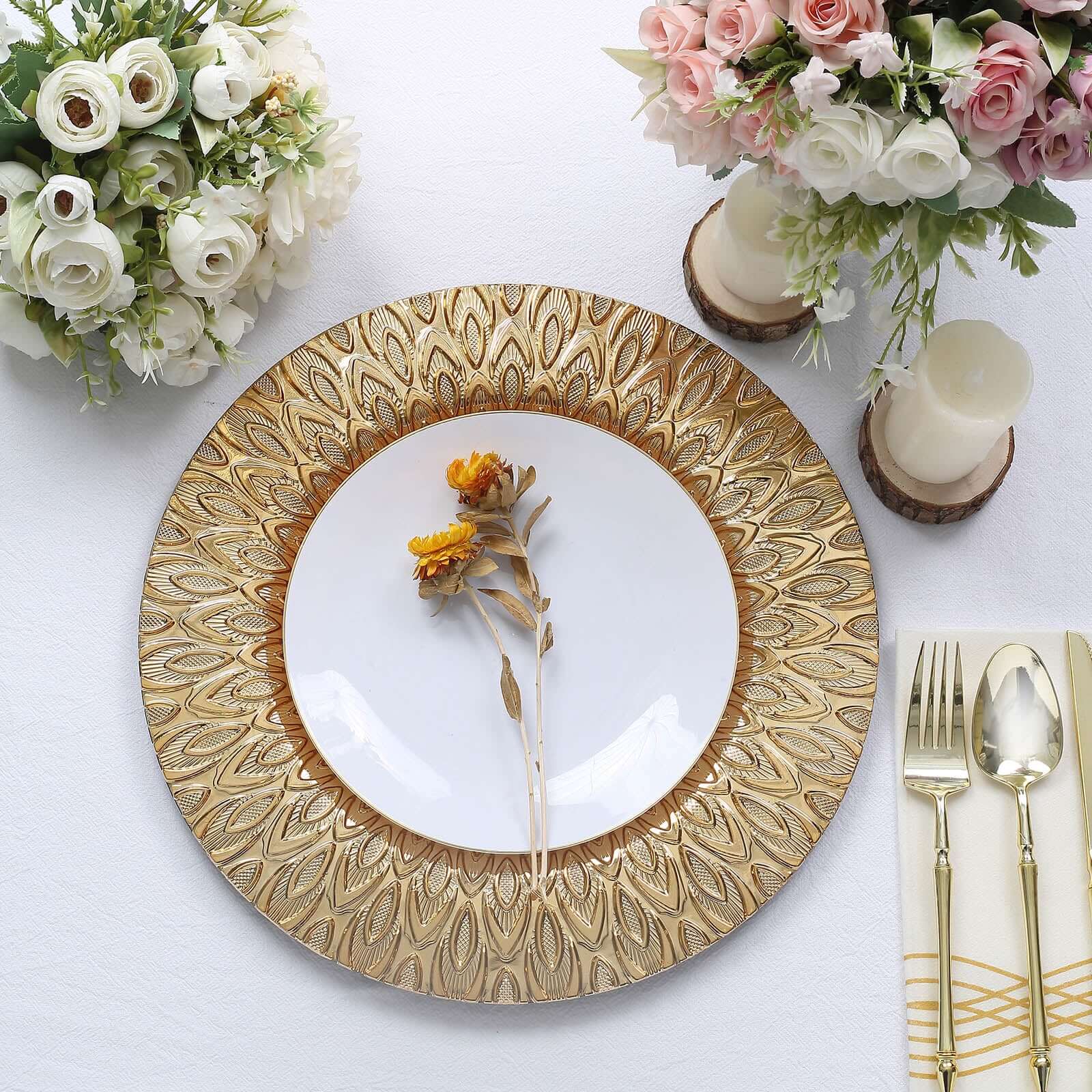 6-Pack Plastic Round Charger Plates 13" in Gold with Embossed Peacock Pattern, Stylish Disposable Charger Tableware