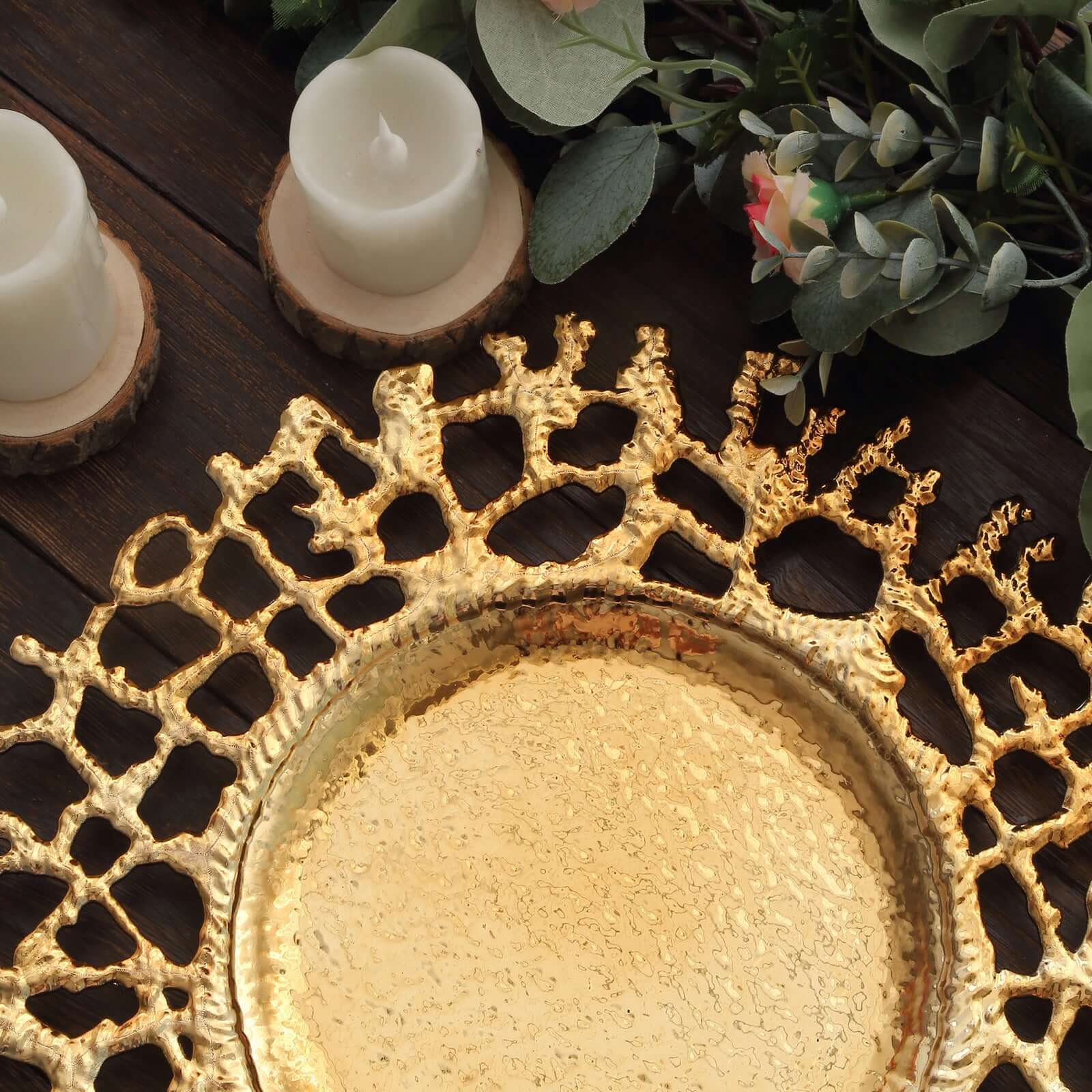 6-Pack Acrylic Round Charger Plates 13" in Gold with Molten Branch Design, Plastic Hollow Lace Decorative Dinner Party Charger Tableware