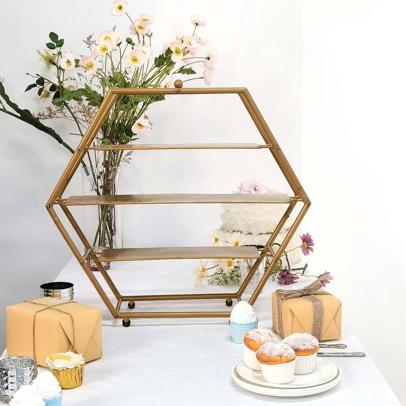 3-Tier Metal Hexagon Cupcake Stand Matte Gold - Stylish Geometric Dessert Holder Appetizer Display for Modern Weddings Dessert Buffets & Celebrations 21"
