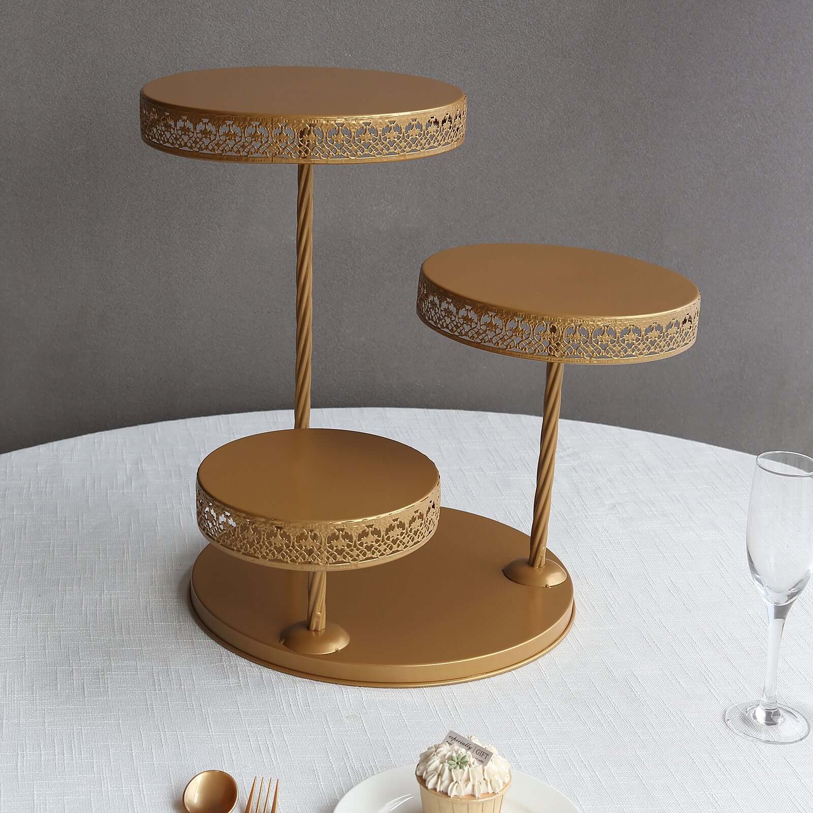 3-Tier Dessert Stand Hollow Lace Round Design Gold - Cupcake Tower and Tiered Cake Display Metal 21"