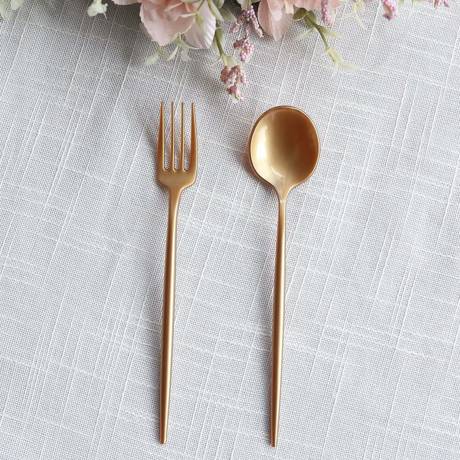 50-Pack Plastic Dessert Forks and Spoons with Gold Shiny Finish - Heavy Duty Disposable Silverware