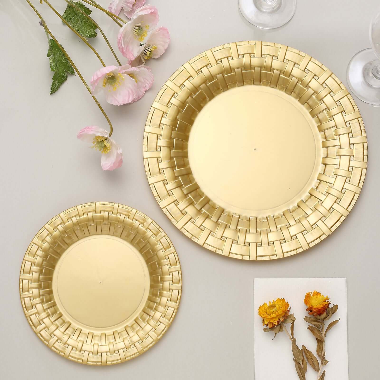 10-Pack Plastic Dinner Plates Gold Basketweave Rim - Durable Disposable Dinner Plates 10"