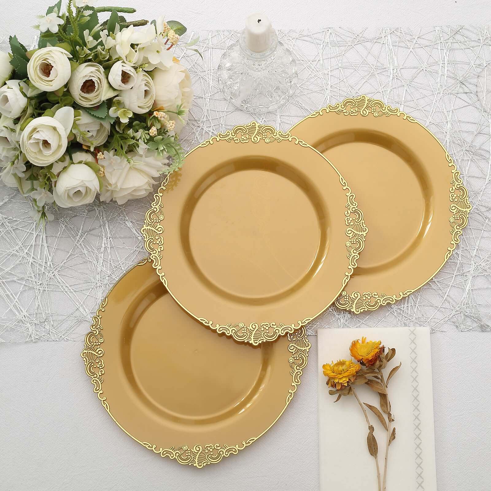 10-Pack Plastic 8" Round Dessert Plates in Gold with Leaf Embossed Rim - Disposable Vintage Baroque Style Salad Plates for Luxurious Gatherings & Events