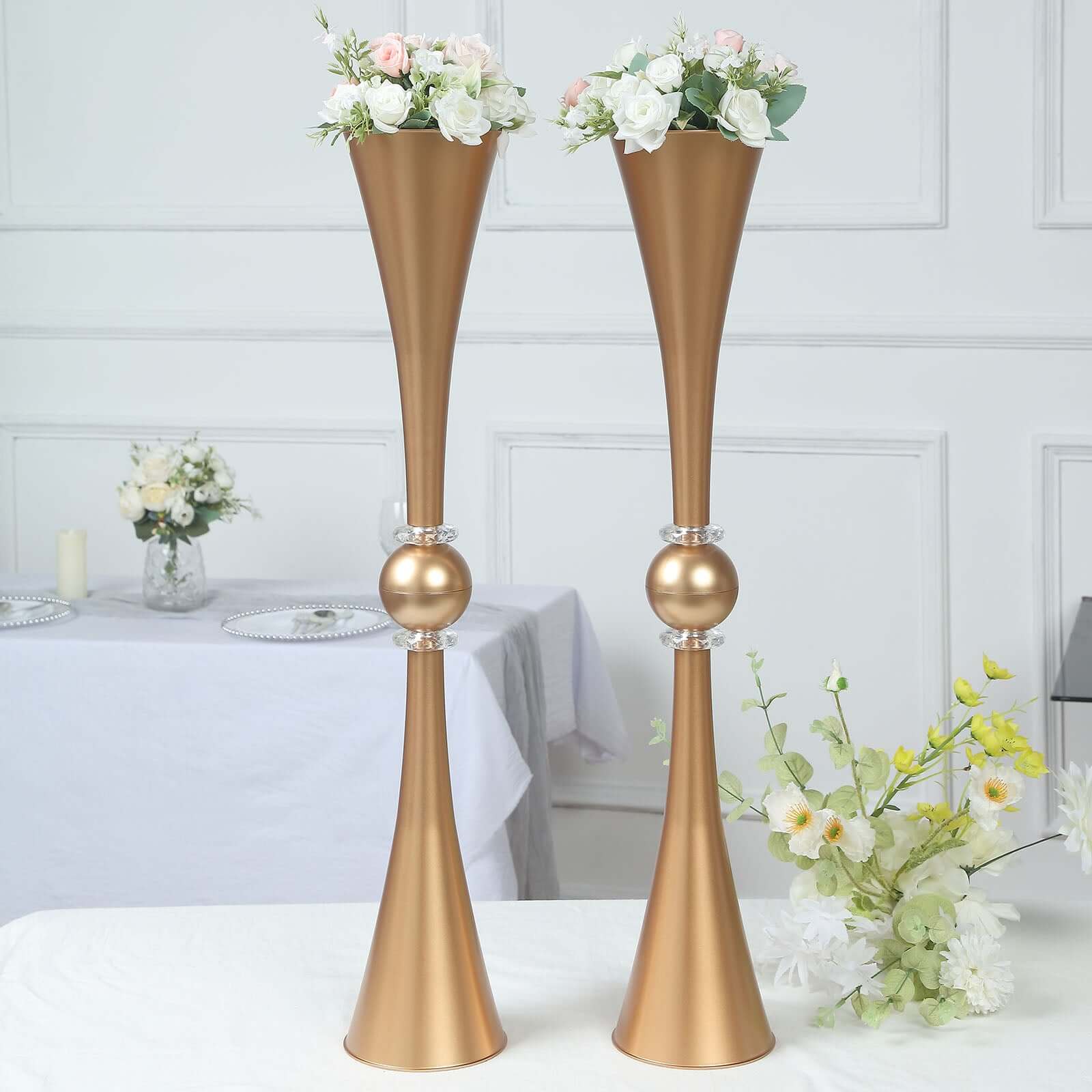 2 Pack 31" Shiny Gold Crystal Embellishment Trumpet Flower Vase, Reversible Plastic Table Centerpiece