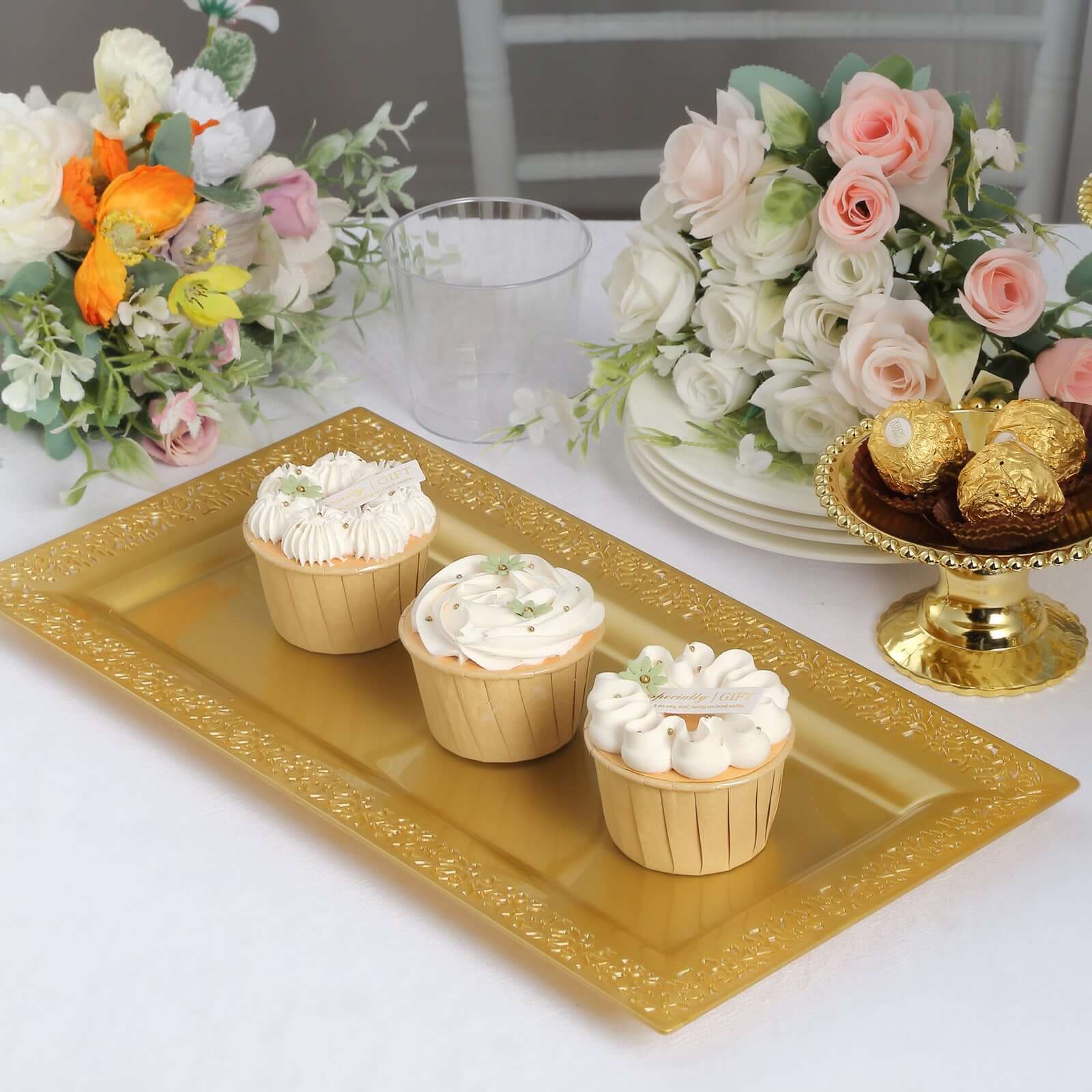 4-Pack Plastic 14" Rectangle Serving Trays Gold with Lace Rim - Chic Decorative Table Tray Platters for Buffets Banquets Dinner Parties