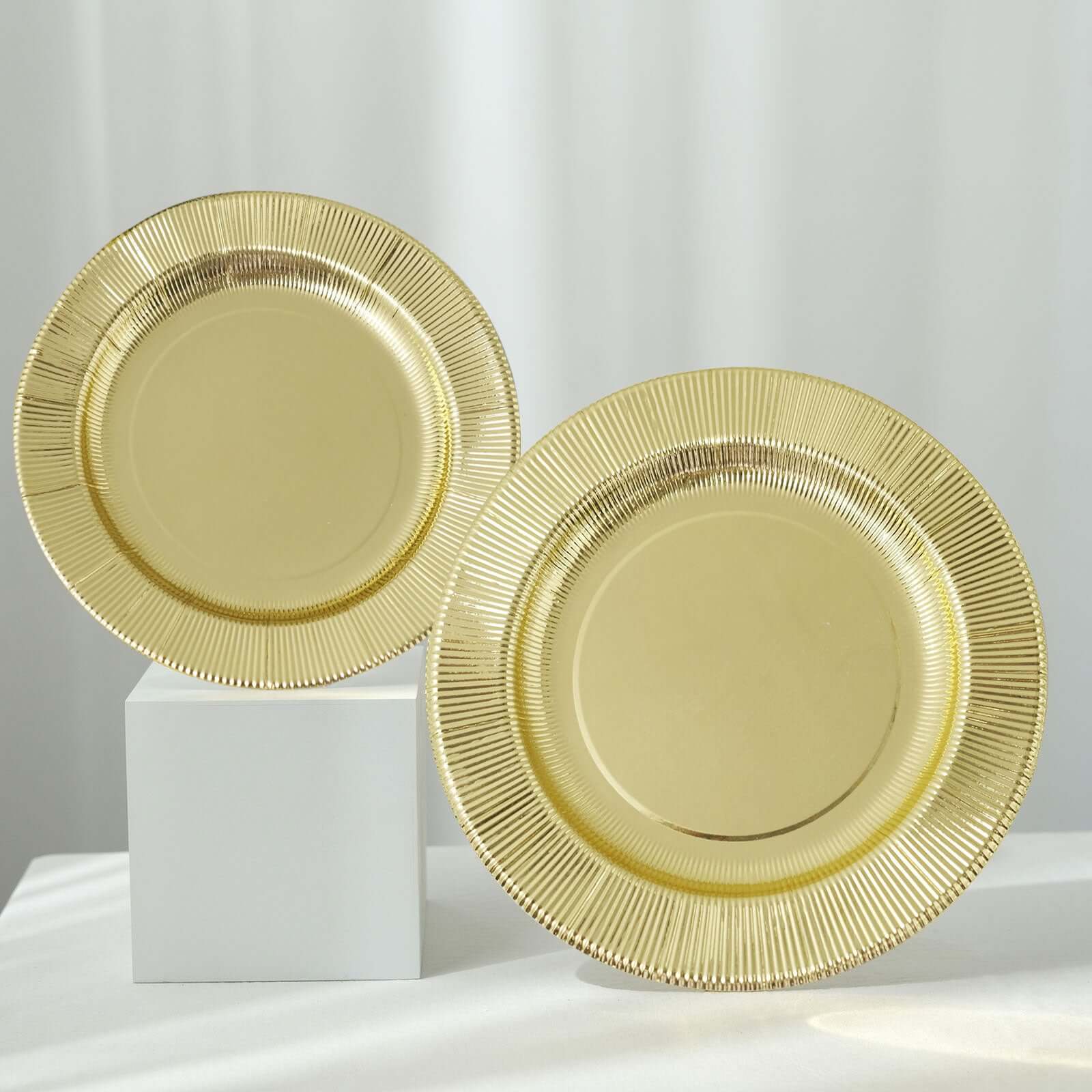 25-Pack Paper 10" Round Dinner Plates in Metallic Gold Sunray Design - Disposable Heavy Duty 350GSM Party Plates
