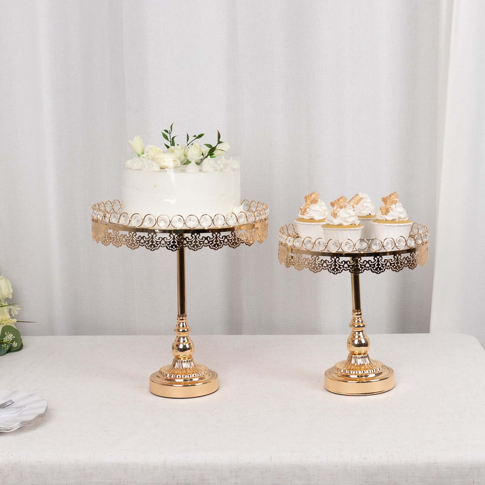 Set of 2 Pedestal Cake Stands Round Design with Mirror Top Gold - Crystal Beaded Cupcake Dessert Display Metal 11", 13"